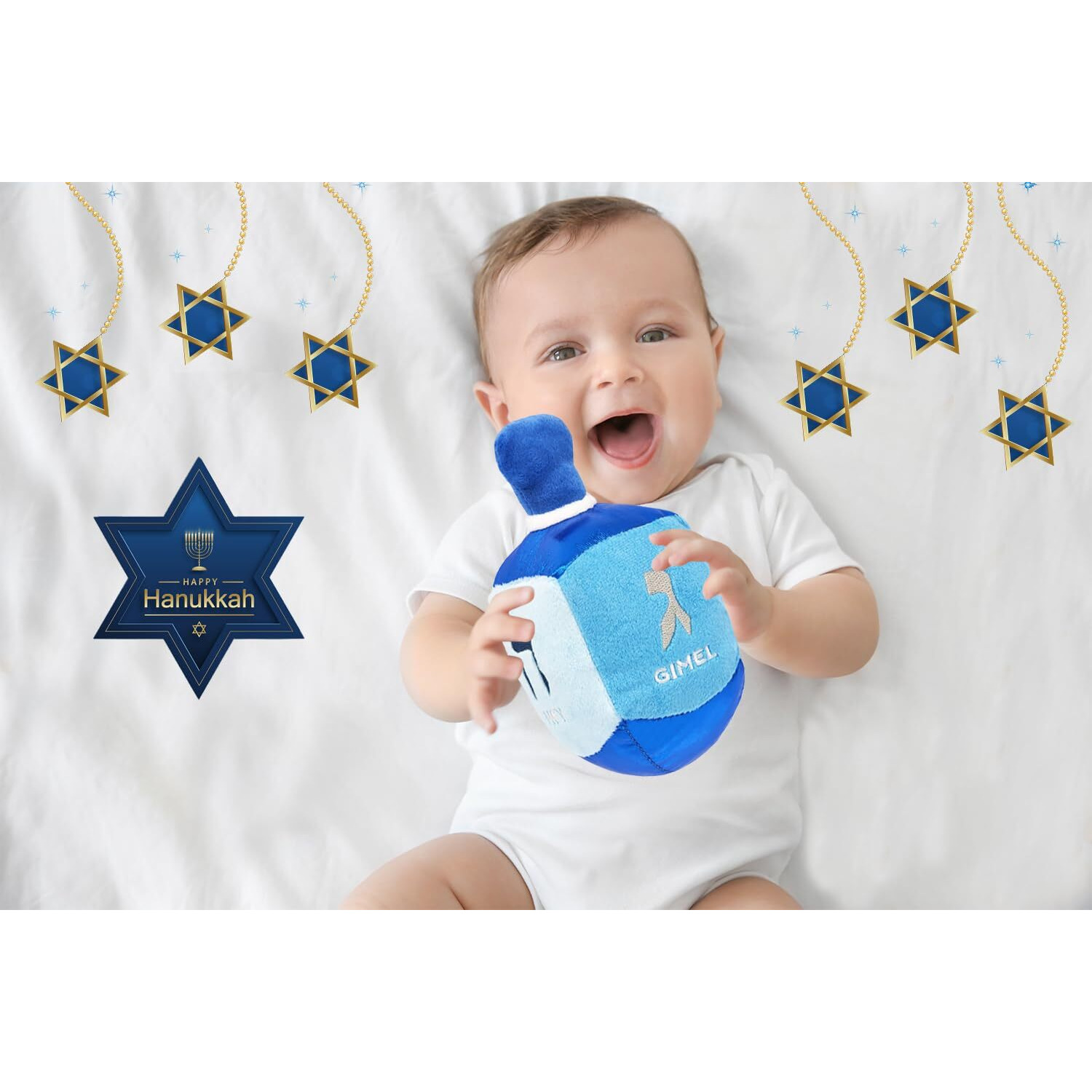 The Dreidel Company Hanukkah Plush Dreidel With Rattle, Classic Hanukkah Plush Children's Blue Rattling Dreidel