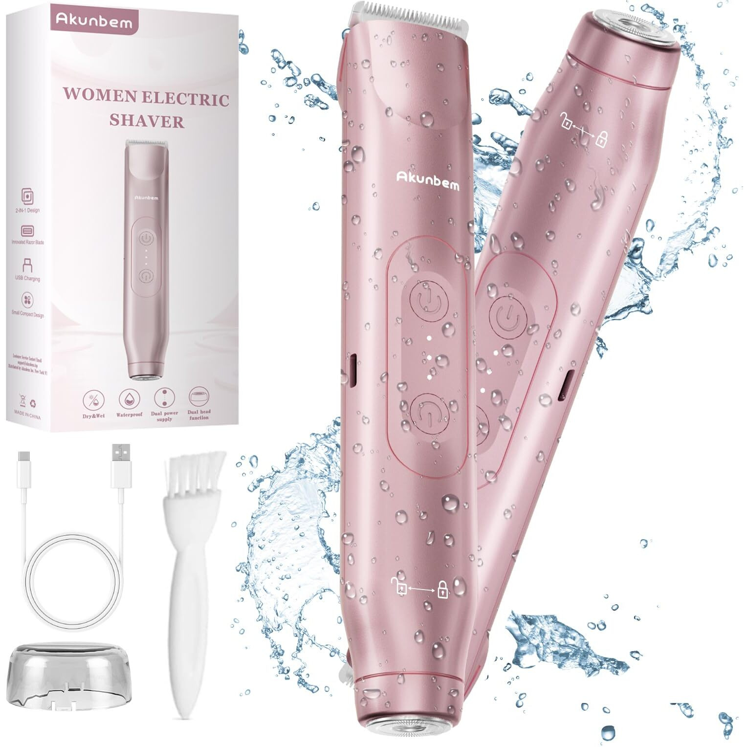 Akunbem 2 In 1 Women Electric Shaver Dual Head Bikini Trimmer For Women Ipx7 Waterproof Wet & Dry Use Body Hair Trimmer And Facial Hair Remover For Bikini Underarm Leg Arm Body Face, Pink