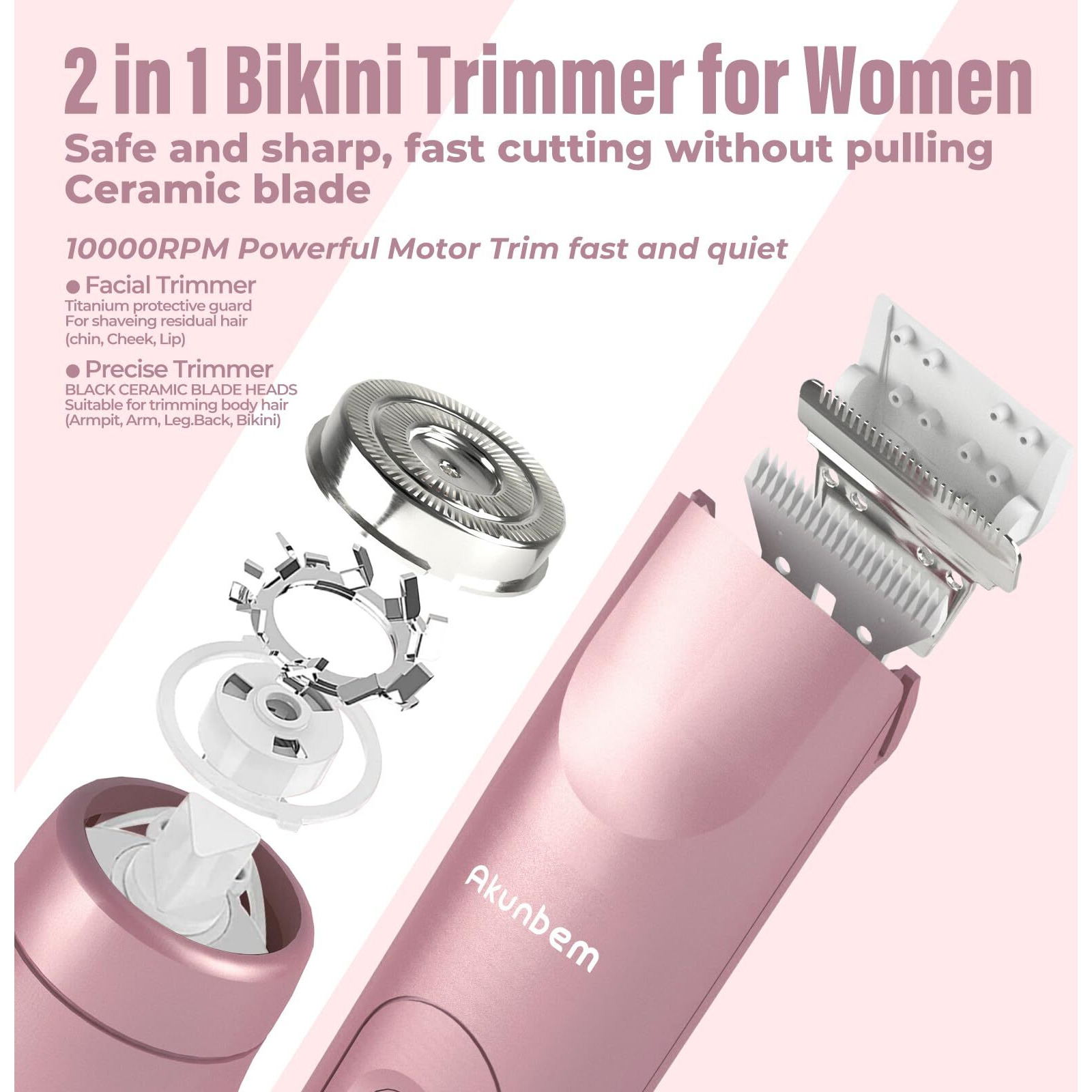 Akunbem 2 In 1 Women Electric Shaver Dual Head Bikini Trimmer For Women Ipx7 Waterproof Wet & Dry Use Body Hair Trimmer And Facial Hair Remover For Bikini Underarm Leg Arm Body Face, Pink