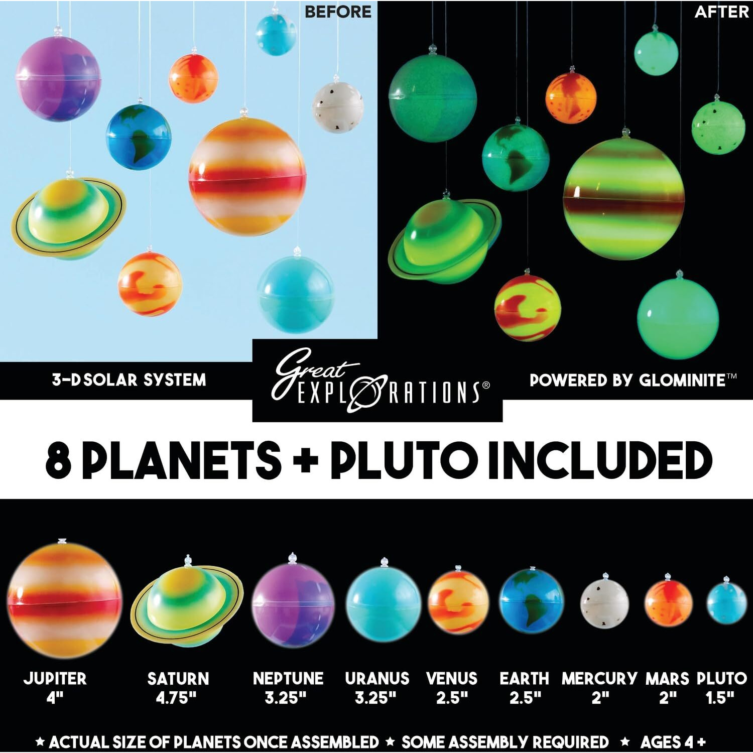 Great Explorations | 3-D Solar System Glow In The Dark Ceiling Hanging Kit 3D Planets And Star Stickers Create The Milky Way Teach Science Stem
