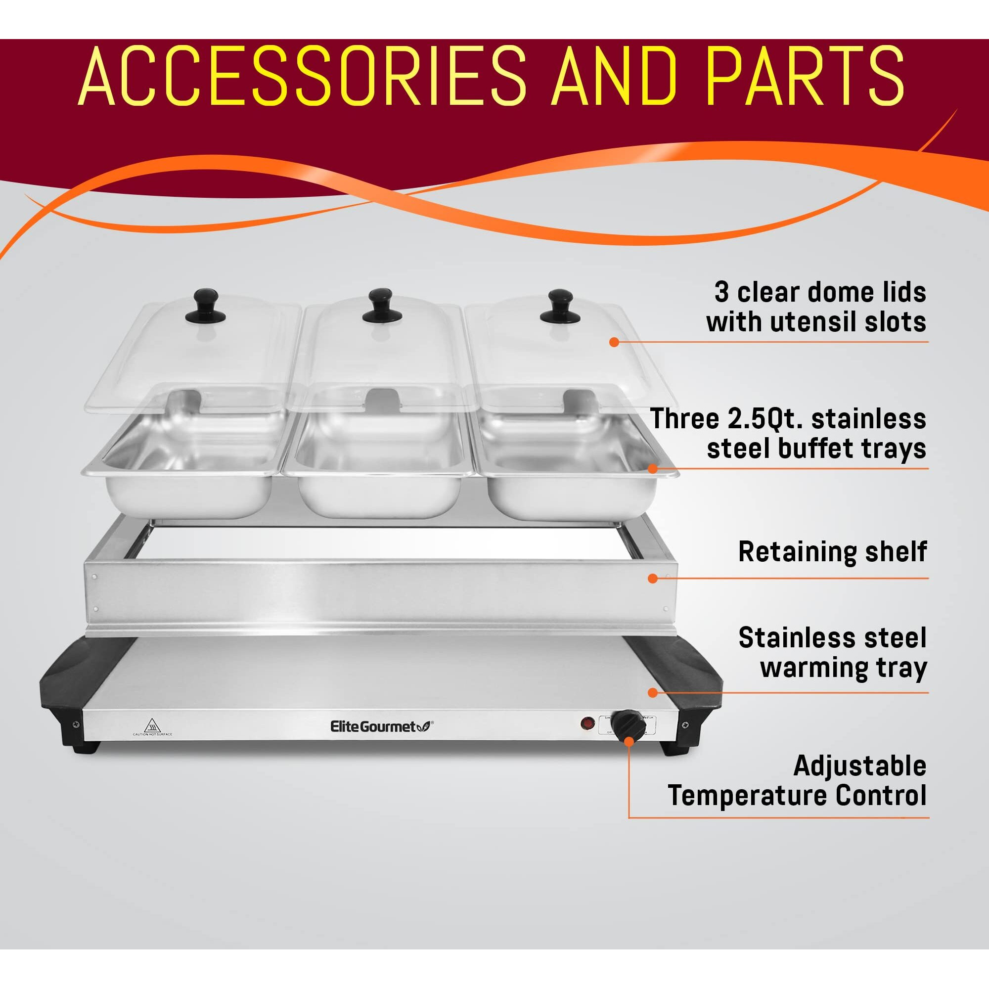 Elite Gourmet Ewm-6171 Triple 3 X 2.5 Qt. Trays, Buffet Server, Food Warmer Temperature Control, Clear Slotted Lids, Perfect For Parties, Entertaining & Holidays, 7.5 Qt Total, Stainless Steel