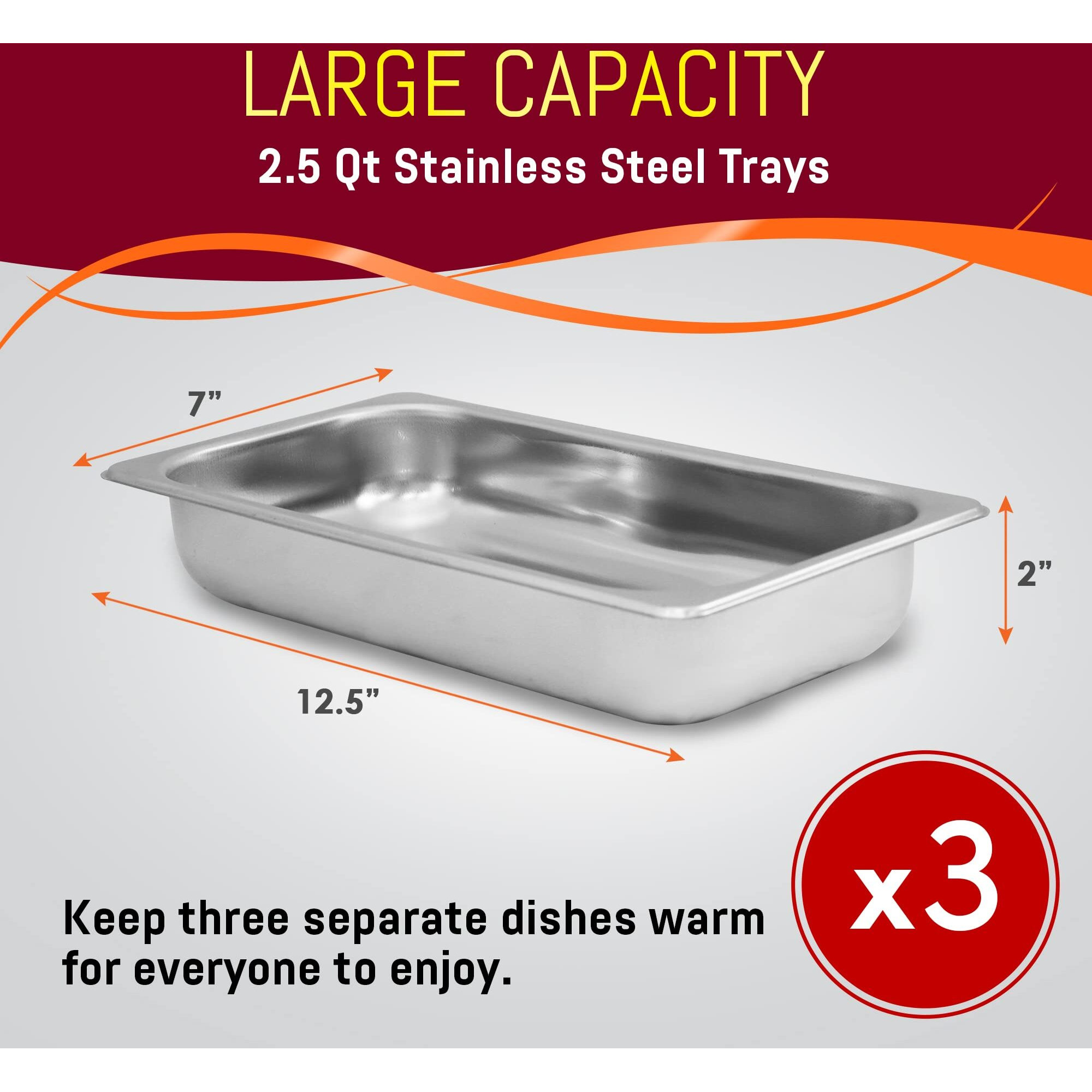 Elite Gourmet Ewm-6171 Triple 3 X 2.5 Qt. Trays, Buffet Server, Food Warmer Temperature Control, Clear Slotted Lids, Perfect For Parties, Entertaining & Holidays, 7.5 Qt Total, Stainless Steel