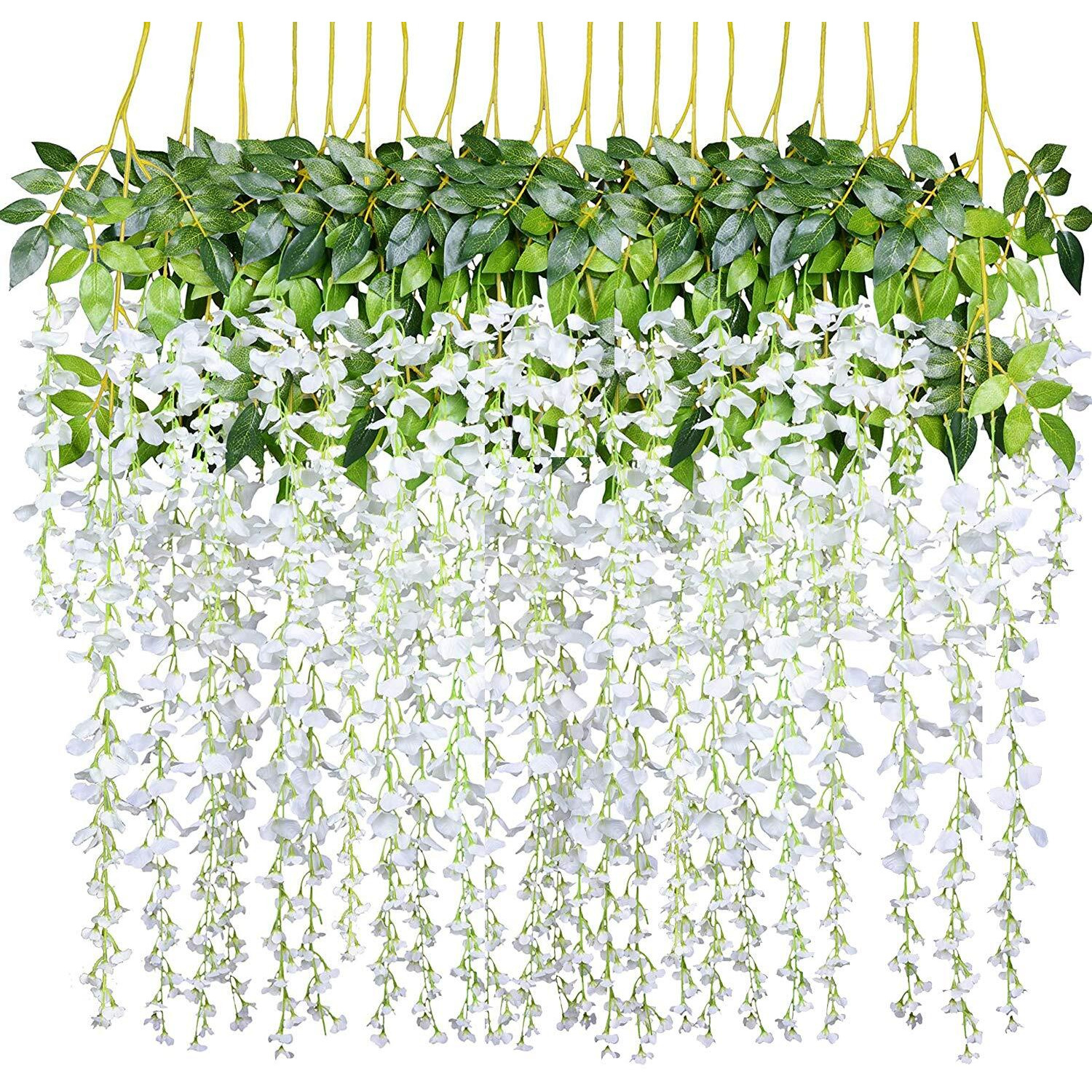Dearhouse 12Pack 3.6 Feet/Piece Artificial Wisteria Vine Garland Hanging Wisteria Garland Silk Flowers String For Home Party Garden Wedding Decor (White)