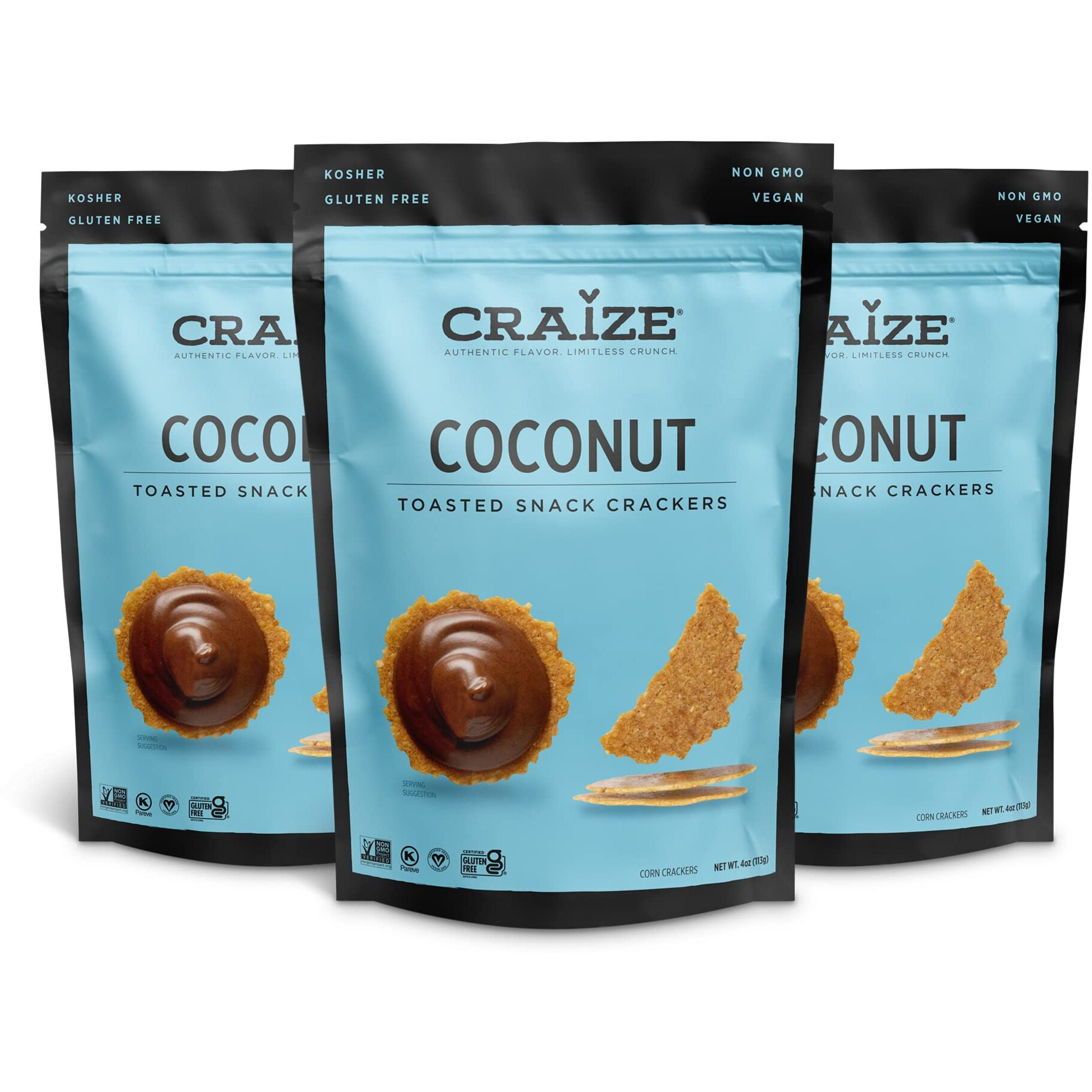 Craize Coconut Crisps | Gluten Free, Vegan, Kosher, Toasted Corn Crackers | 3 Pack, 4 Oz Each