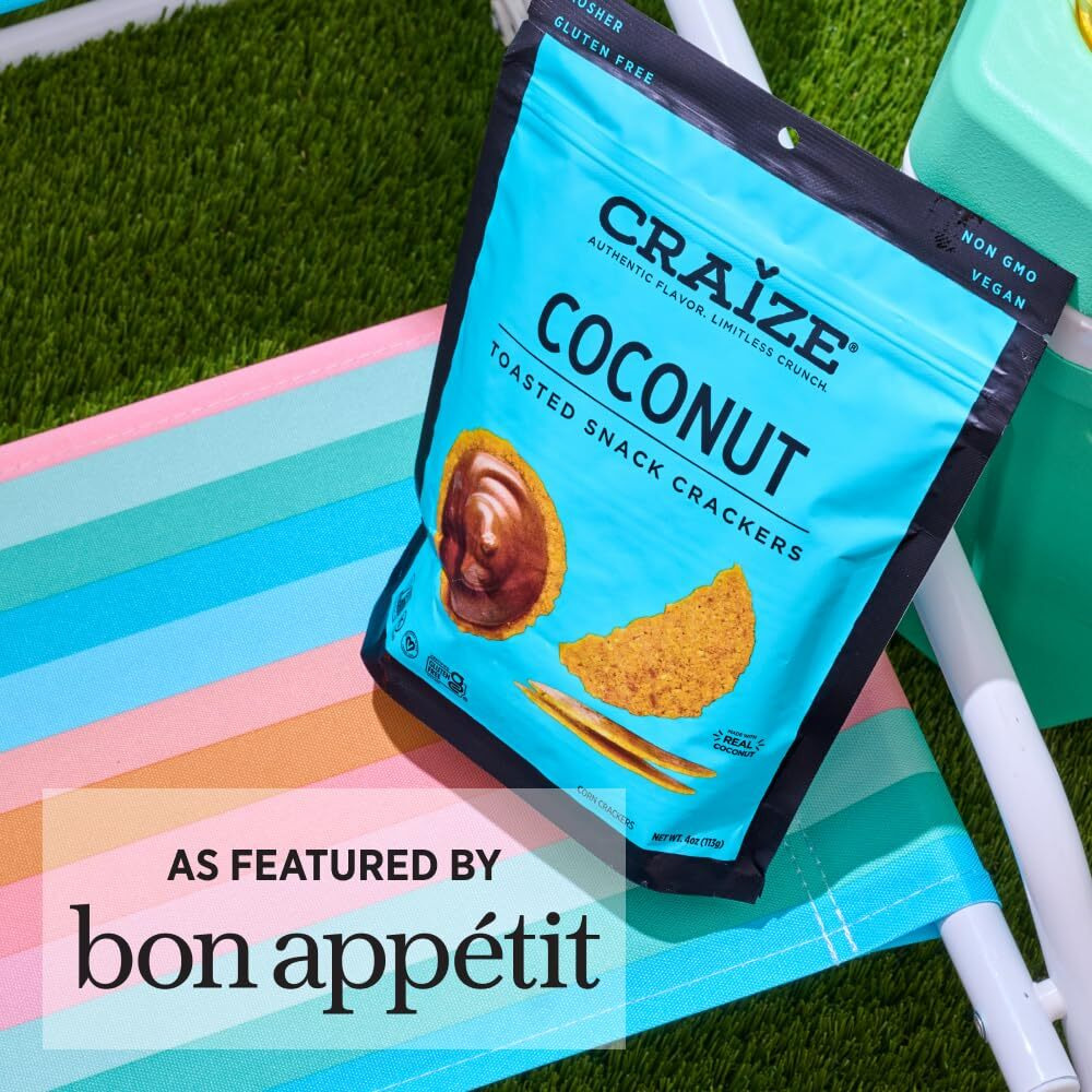 Craize Coconut Crisps | Gluten Free, Vegan, Kosher, Toasted Corn Crackers | 3 Pack, 4 Oz Each