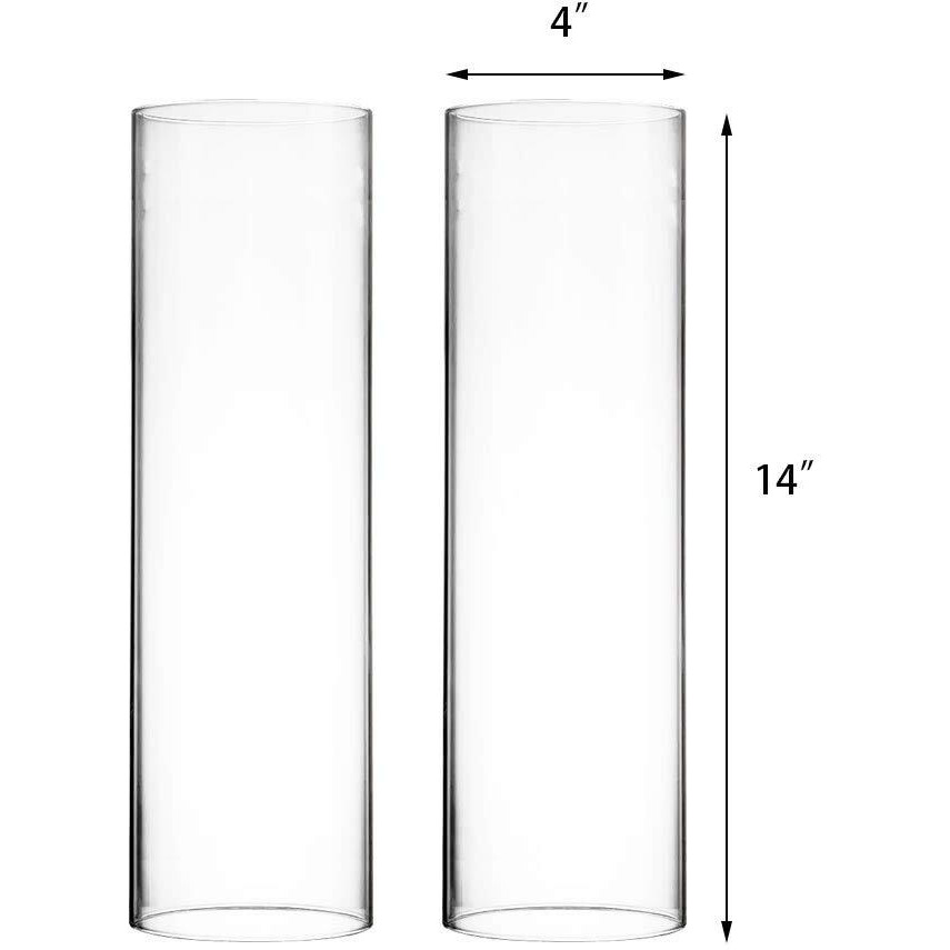 Cys Excel 2 Pcs (H14" D4") Open Ended Glass Hurricane Candleholder Tube Shade | Multiple Size Choices Open Flame Candle Chimney Tube Cover | Bottomless Cylinder