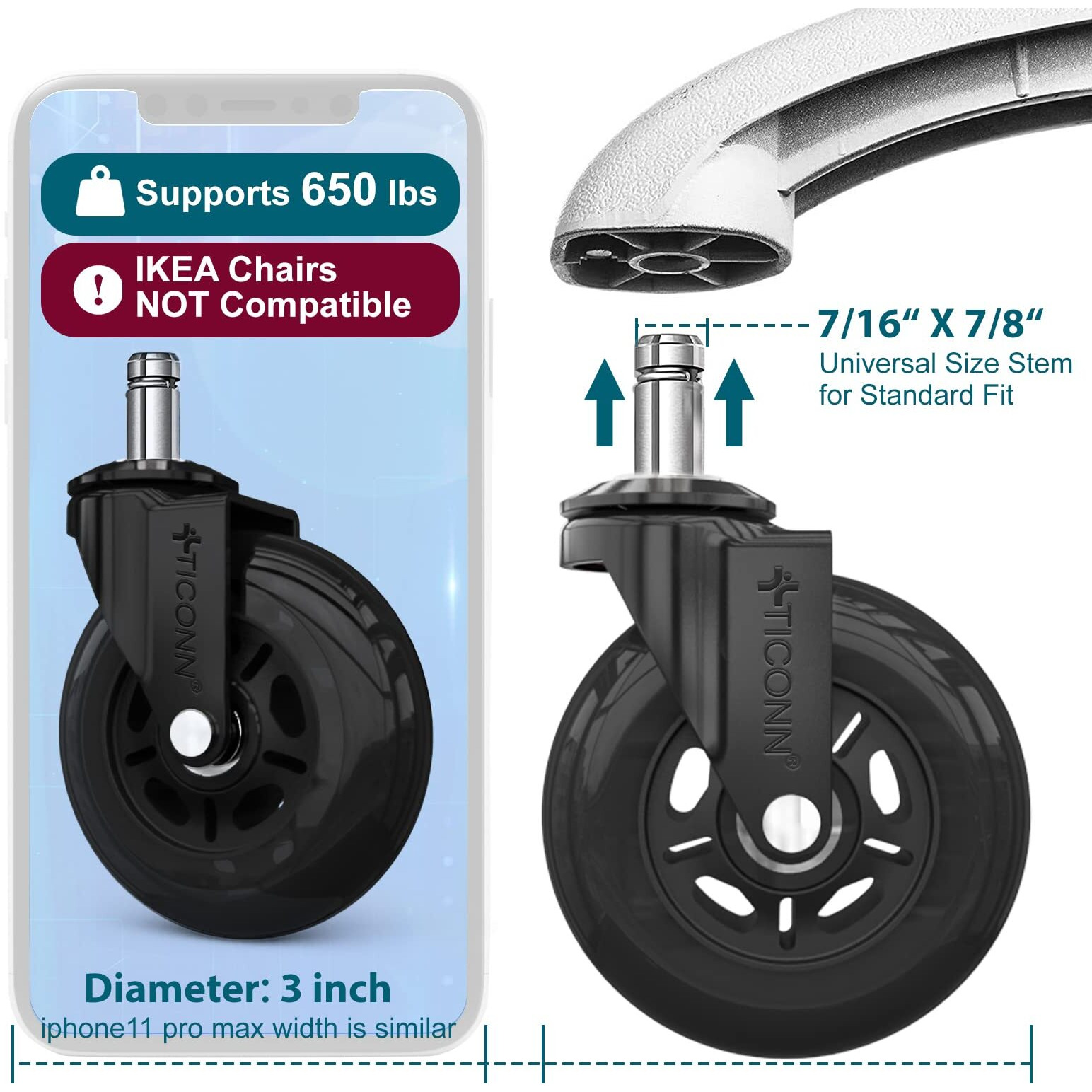 Ticonn Office Chair Caster Wheels Set Of 5 For Tile, Hardwood Floors And Carpets, Universal Fit For Most Chairs (Black)