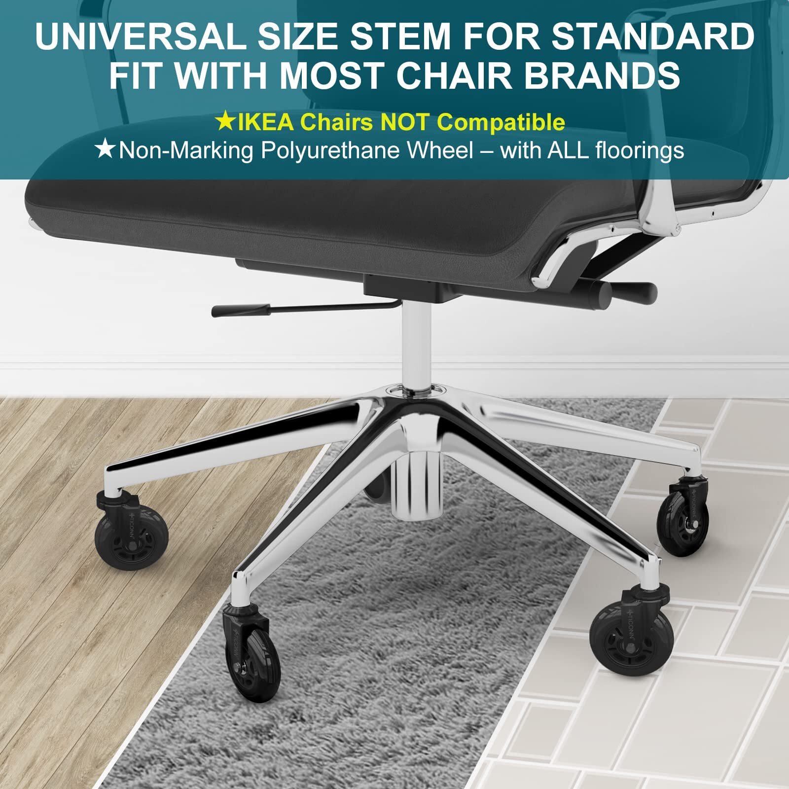 Ticonn Office Chair Caster Wheels Set Of 5 For Tile, Hardwood Floors And Carpets, Universal Fit For Most Chairs (Black)