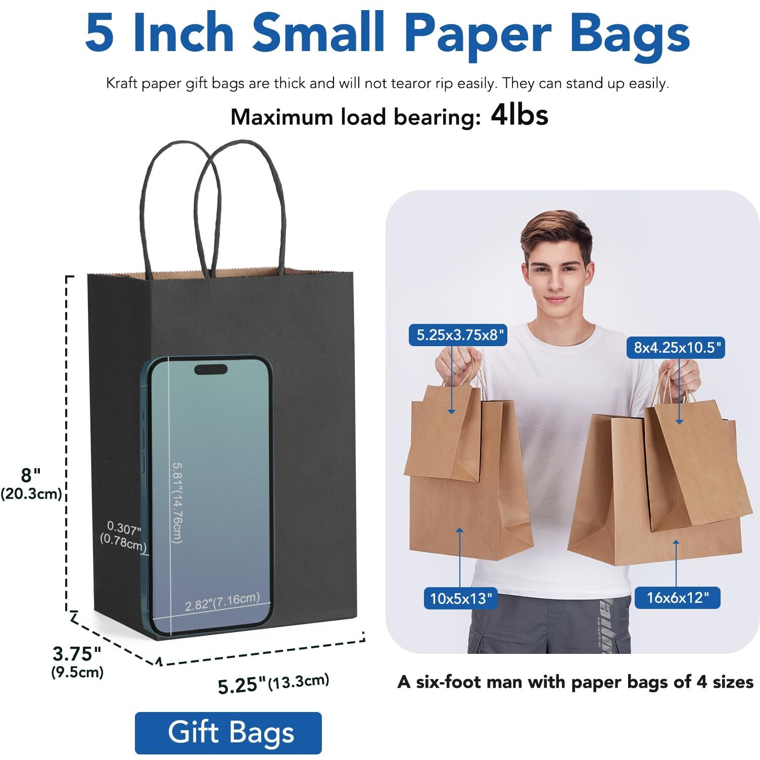 Gssusa 100Pcs Black Paper Bags, 5.25X3.75X8&quot Small Gift Bags, Paper Bags With Handles Bulk, Bags For Small Business, Sturdy Kraft Paper Bags, Retail Shopping Bags, Party Favor Bags, Birthday Gift Bags