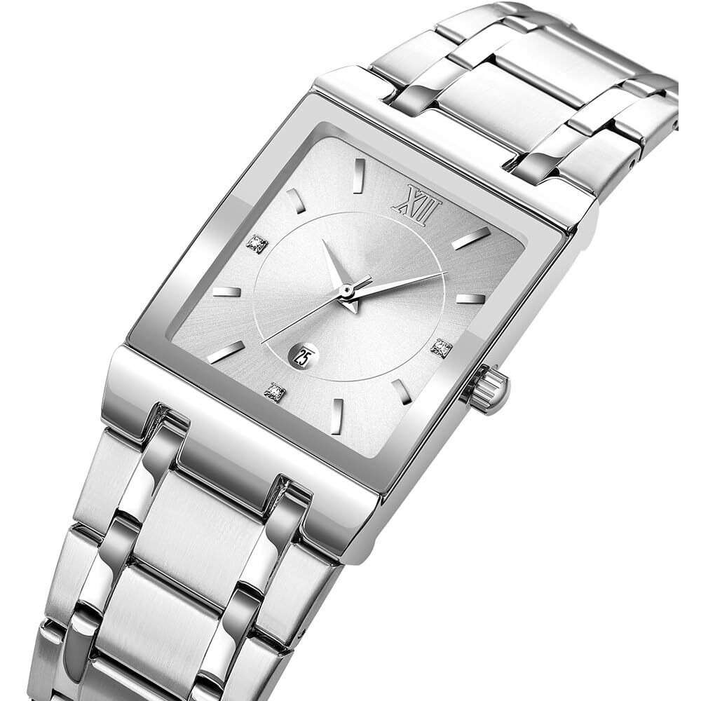 Reginald Fashion Silver Square Watches For Men Date Waterproof Analog Quartz Watch Stainless Steel Fashion Business Casual Mens Square Watch