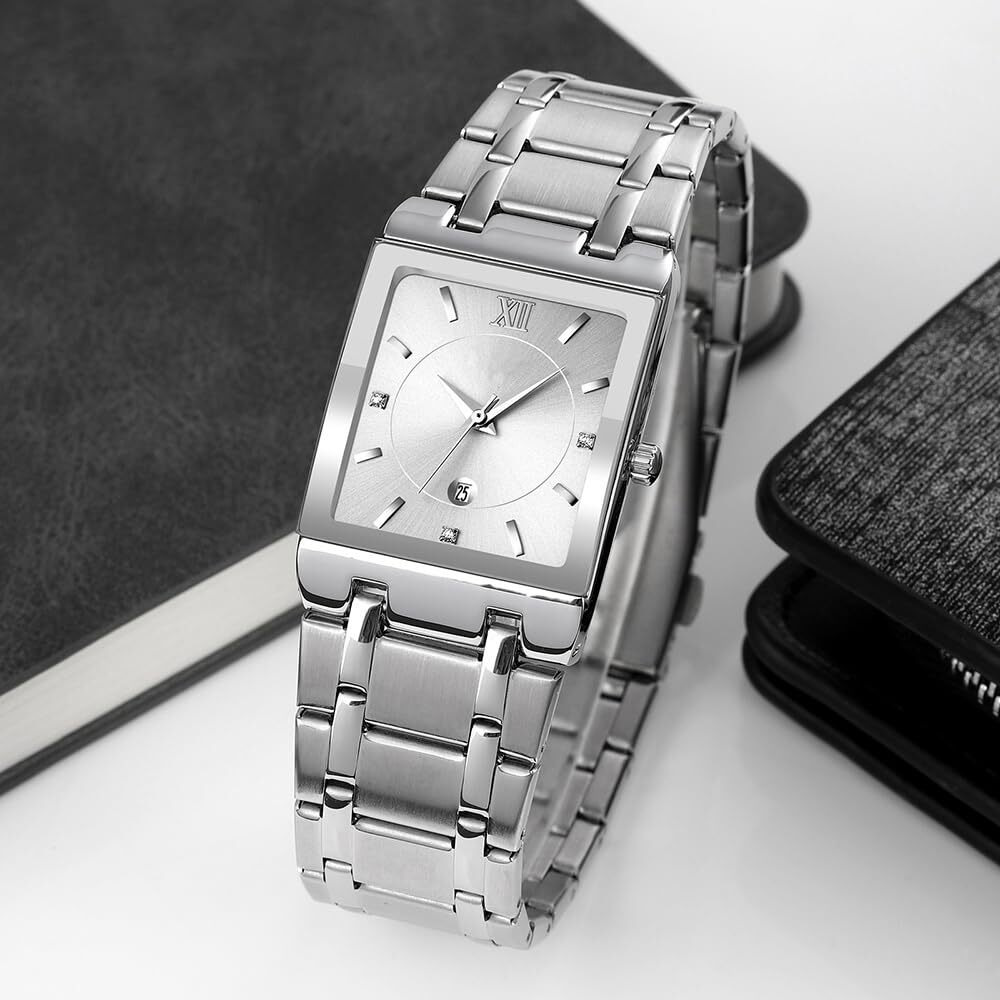 Reginald Fashion Silver Square Watches For Men Date Waterproof Analog Quartz Watch Stainless Steel Fashion Business Casual Mens Square Watch