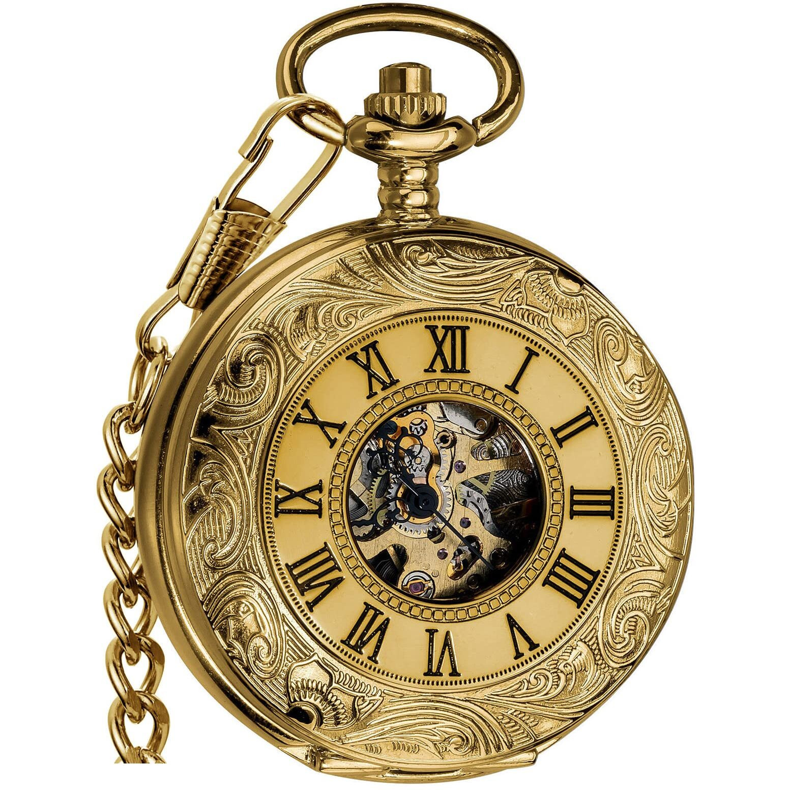 Vigoroso Mens Pocket Watch With Chain Half Hunter Double Cover Skeleton Mechanical Watches Gold Roman Numeral In Box