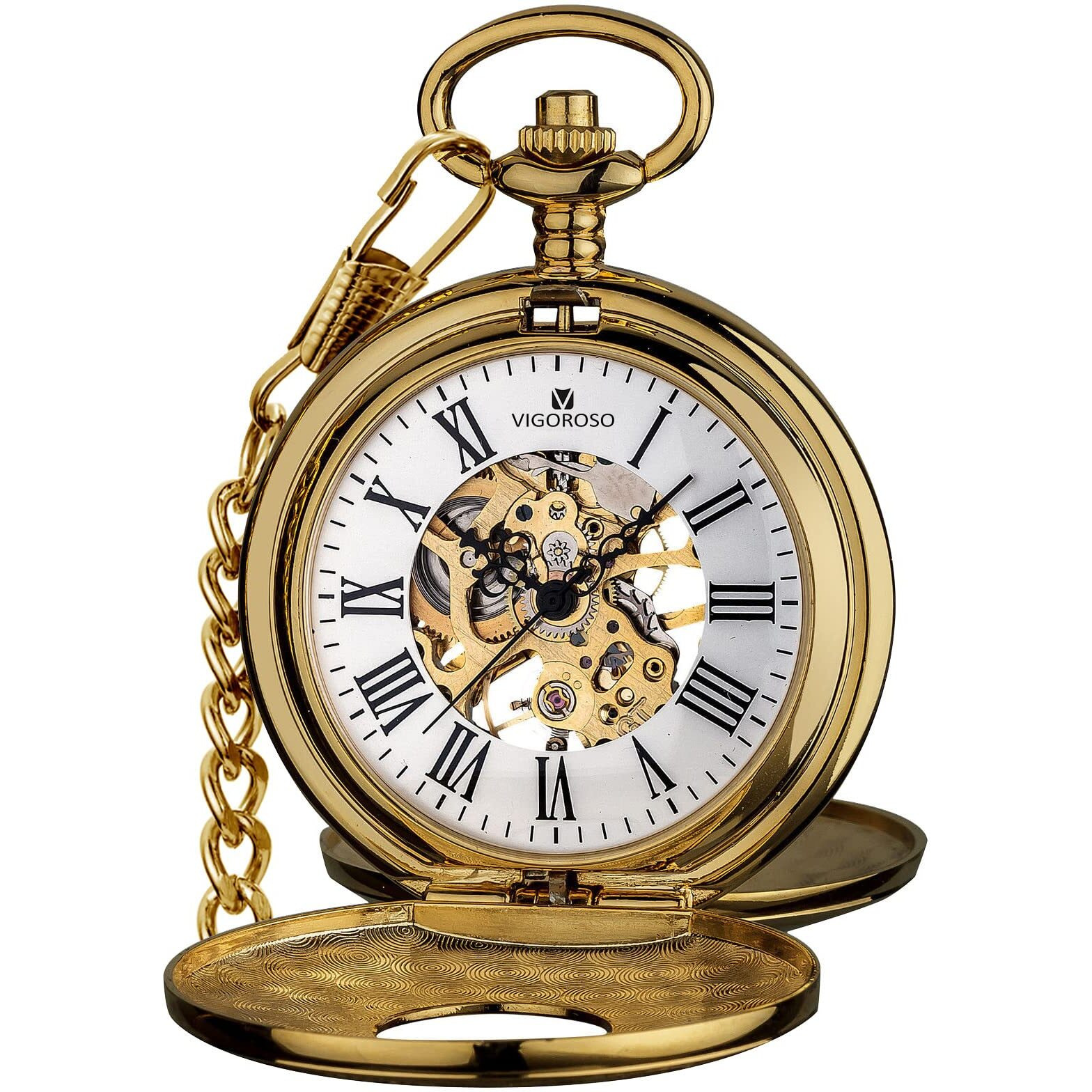 Vigoroso Mens Pocket Watch With Chain Half Hunter Double Cover Skeleton Mechanical Watches Gold Roman Numeral In Box