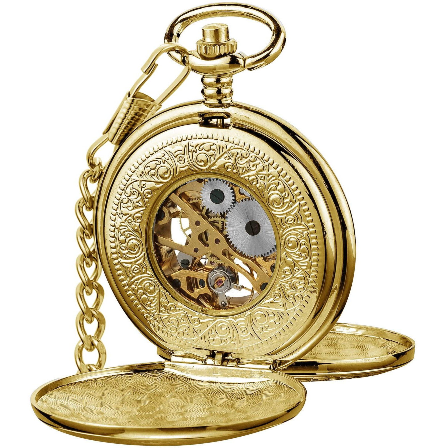 Vigoroso Mens Pocket Watch With Chain Half Hunter Double Cover Skeleton Mechanical Watches Gold Roman Numeral In Box