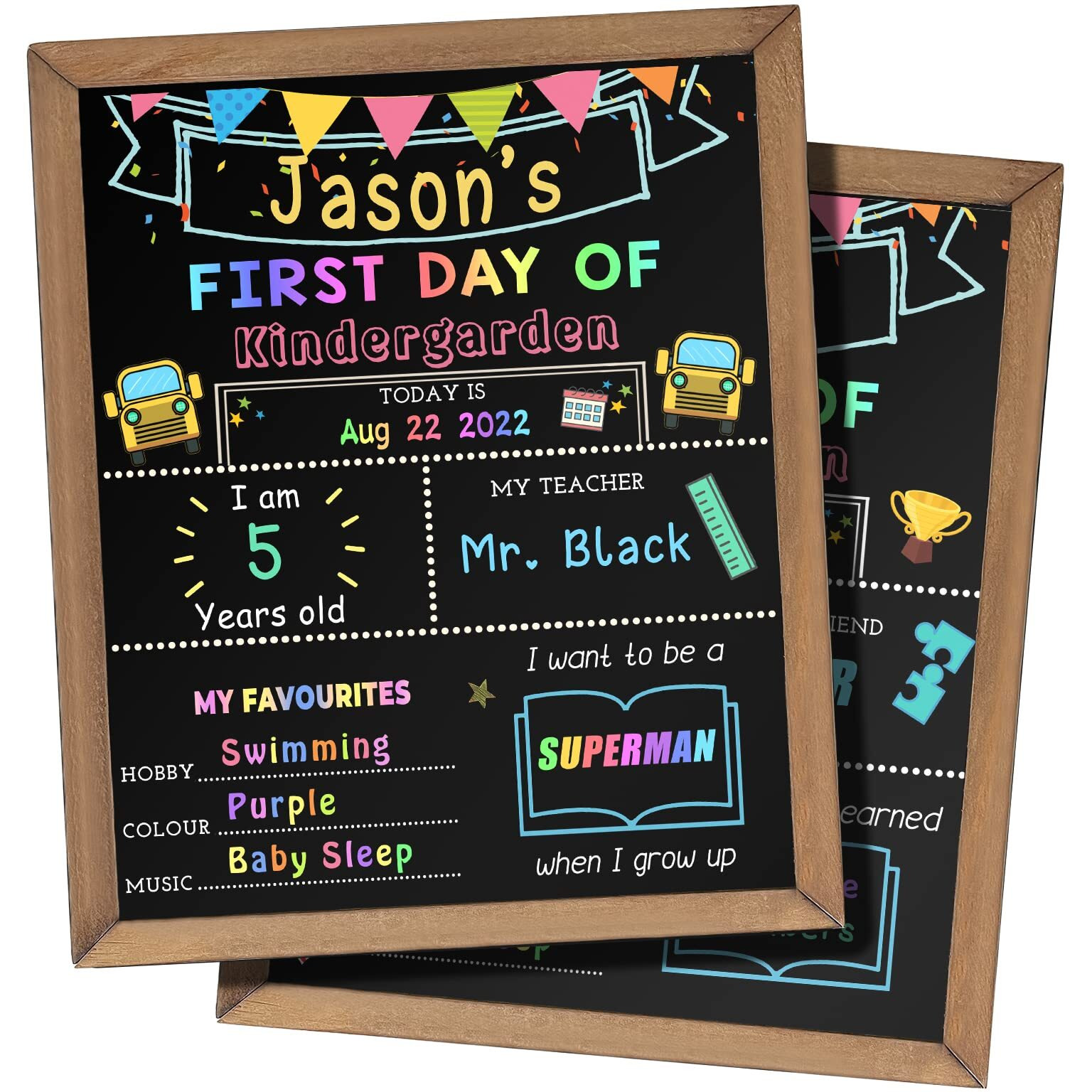 First & Last Day Of School Chalk Board,10 X 12 Double Sided Back To School Sign, Reusable Wooden 1St Day School Chalkboard Of Preschool/Kindergarten/First Grade Photo Props For Kids (Bunting Style)