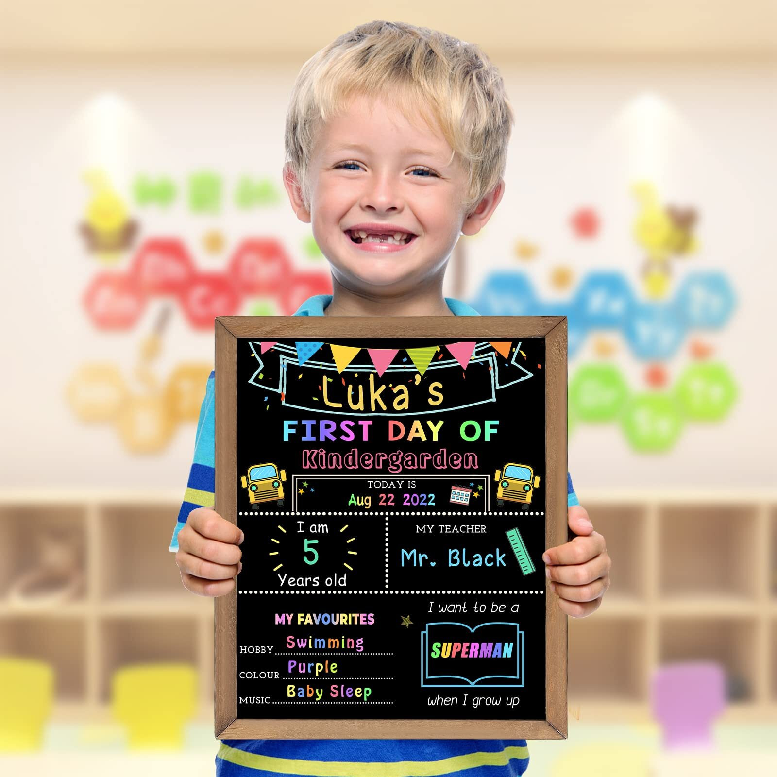 First & Last Day Of School Chalk Board,10 X 12 Double Sided Back To School Sign, Reusable Wooden 1St Day School Chalkboard Of Preschool/Kindergarten/First Grade Photo Props For Kids (Bunting Style)