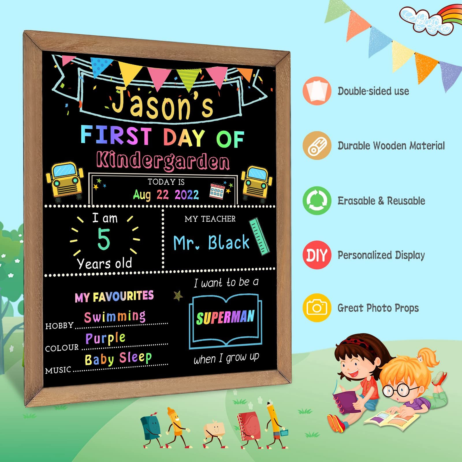 First & Last Day Of School Chalk Board,10 X 12 Double Sided Back To School Sign, Reusable Wooden 1St Day School Chalkboard Of Preschool/Kindergarten/First Grade Photo Props For Kids (Bunting Style)