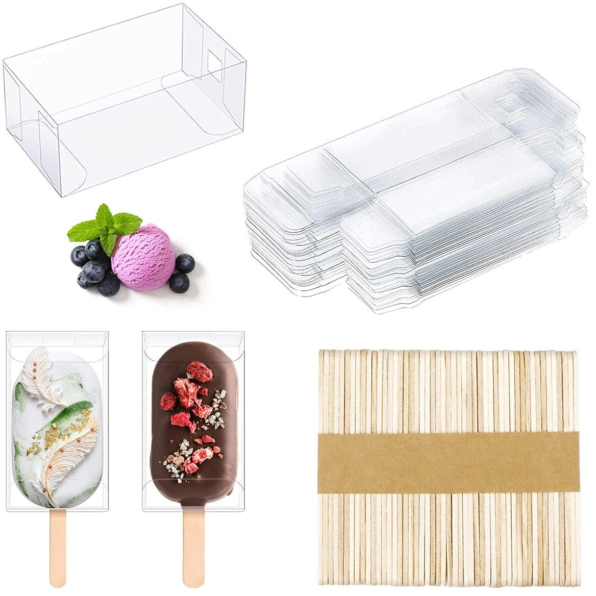 Doerdo Dd 75Pieces Clear Popsicle Cakesicle Boxes Set, Include Transparent Pet Ice Cream Box And 50Pieces Wooden Popsicle Sticks For Kitchen Baking Baby Shower Wedding, Kids Birthday Party Favors