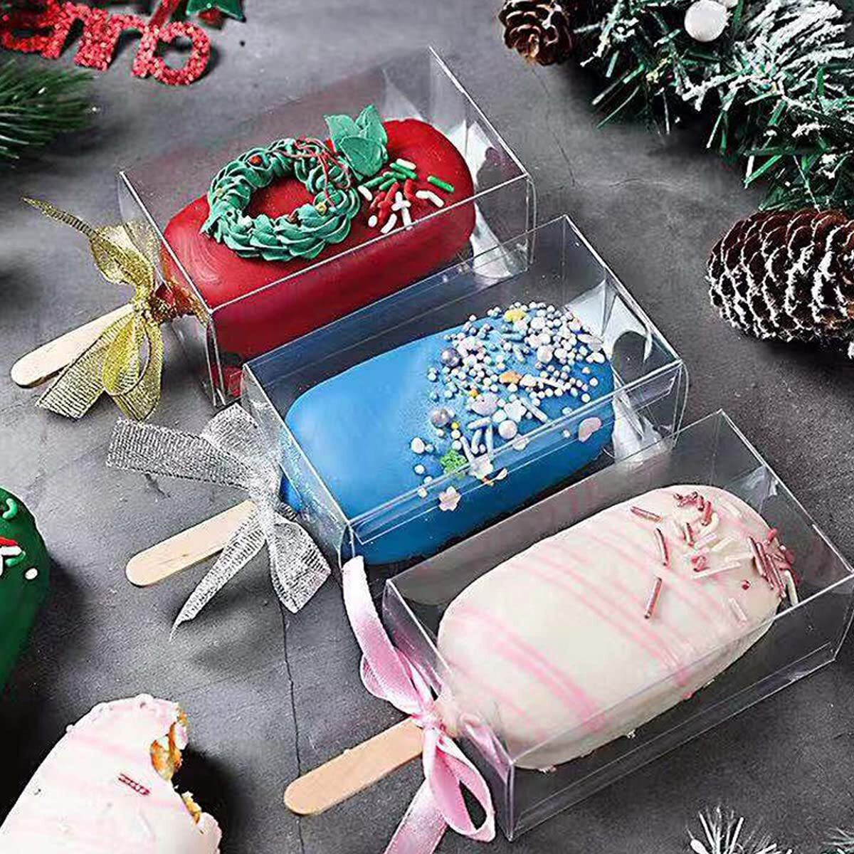 Doerdo Dd 75Pieces Clear Popsicle Cakesicle Boxes Set, Include Transparent Pet Ice Cream Box And 50Pieces Wooden Popsicle Sticks For Kitchen Baking Baby Shower Wedding, Kids Birthday Party Favors