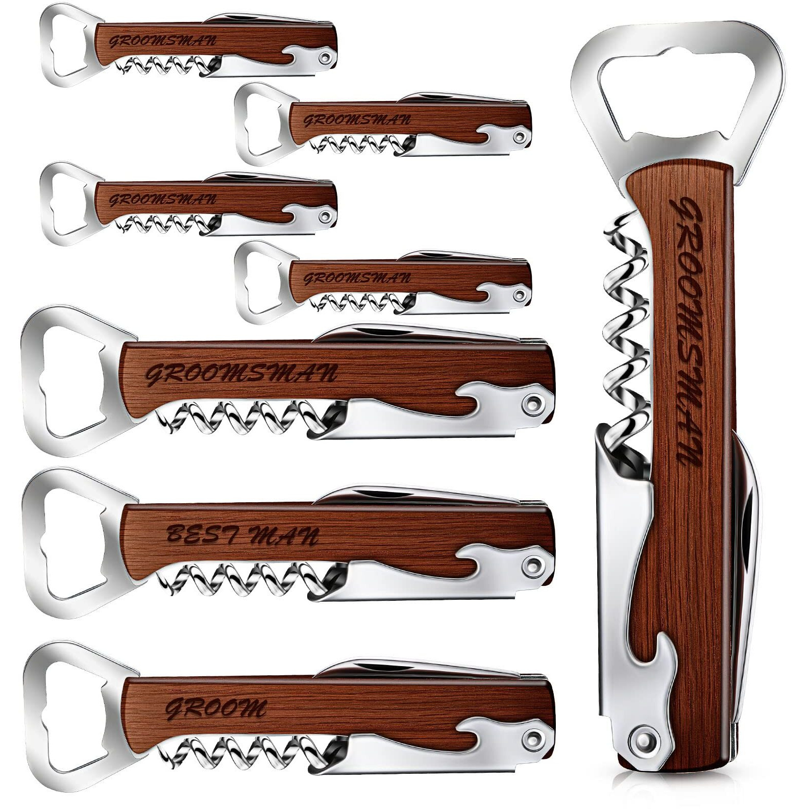 Set Of 8 Groomsmen, Best Man Groom, Corkscrew And Multi Tool Groomsmen Gifts Wooden Wine Beer Bottle Opener For Proposal Bachelor Party Weddings