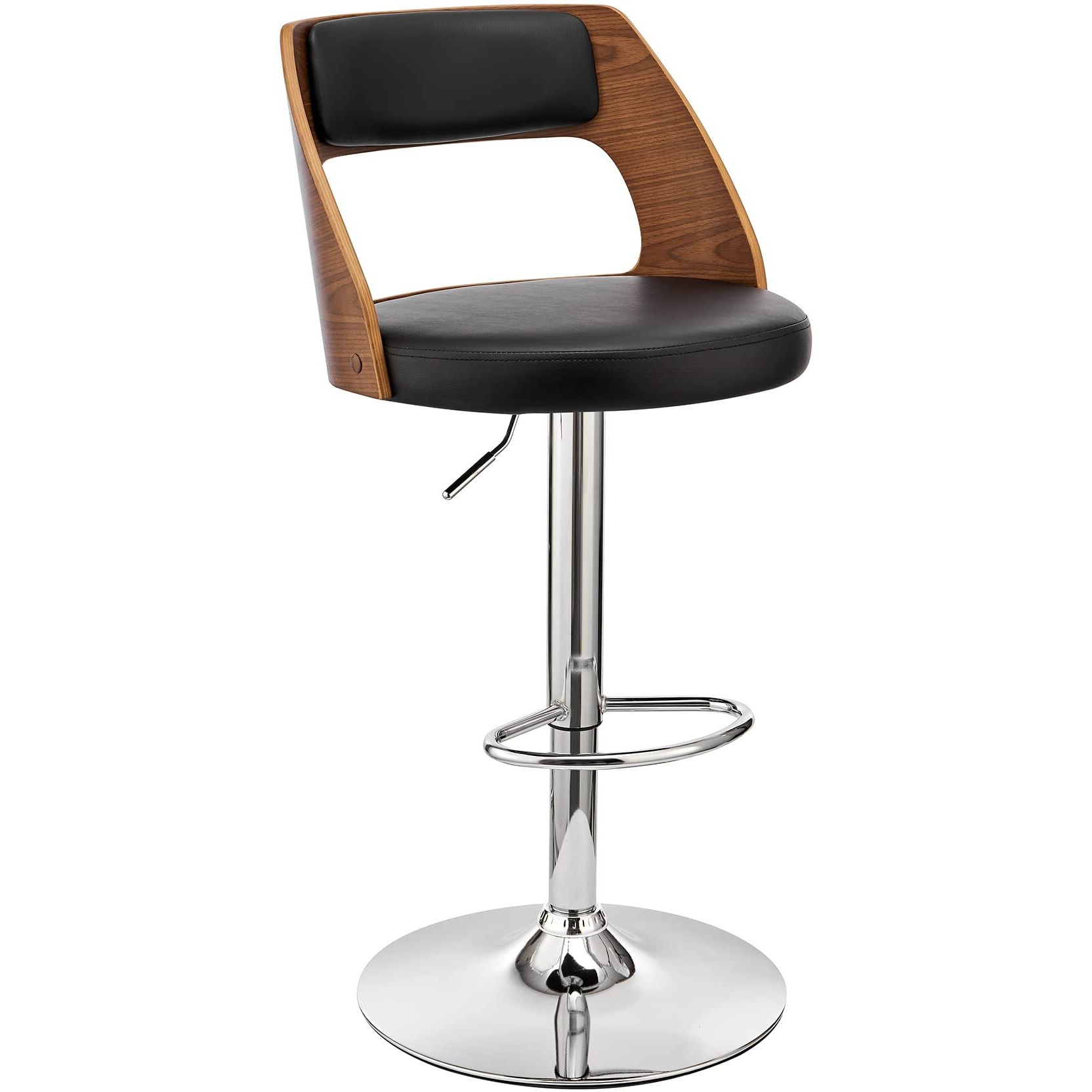 Armen Living Paulo Adjustable Swivel Black Faux Leather And Walnut Wood Bar Stool With Chrome Base