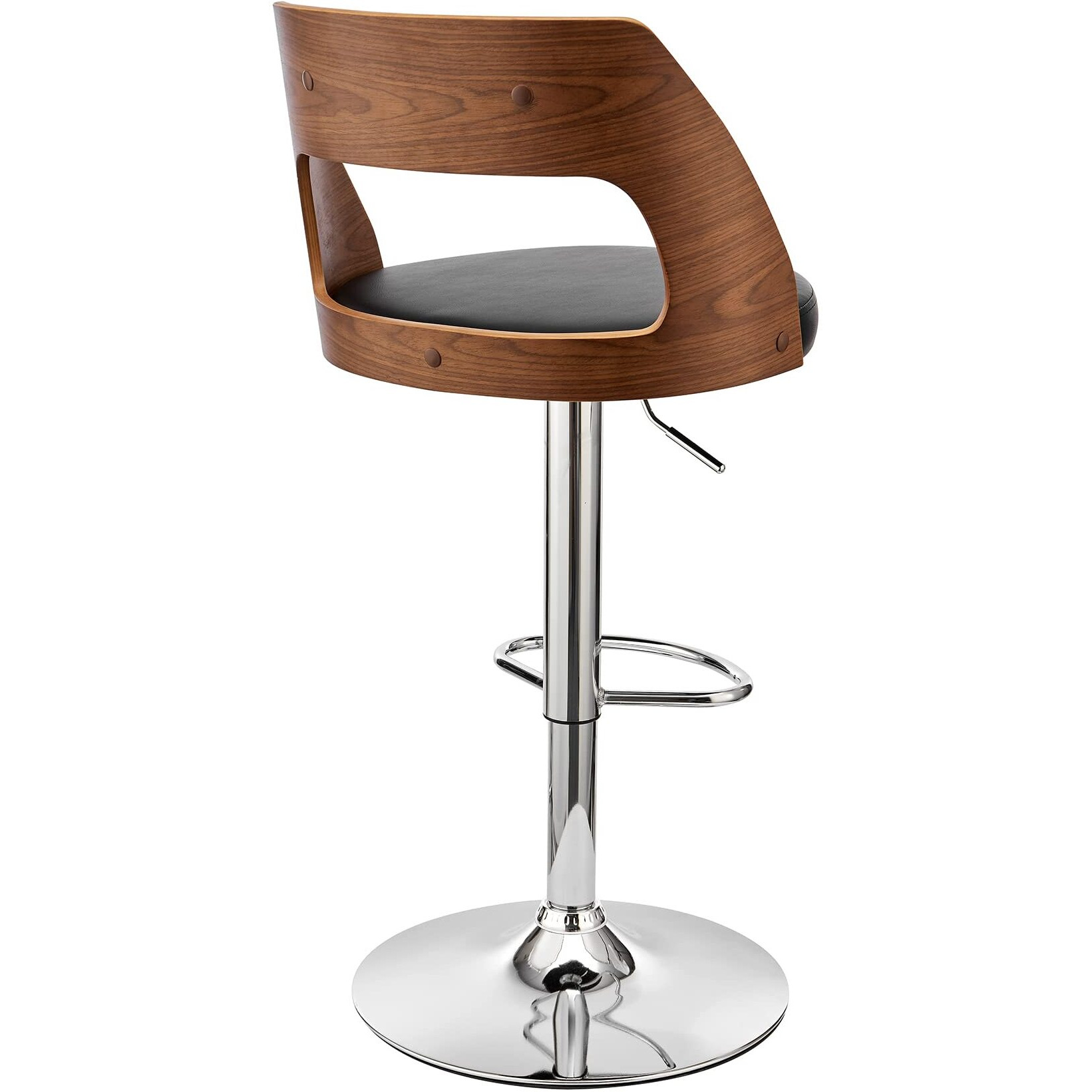Armen Living Paulo Adjustable Swivel Black Faux Leather And Walnut Wood Bar Stool With Chrome Base