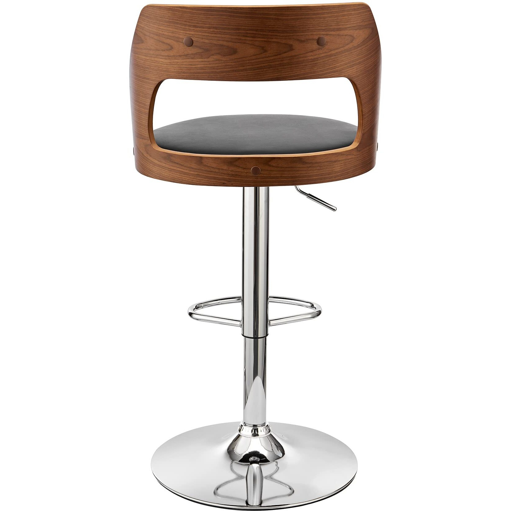 Armen Living Paulo Adjustable Swivel Black Faux Leather And Walnut Wood Bar Stool With Chrome Base