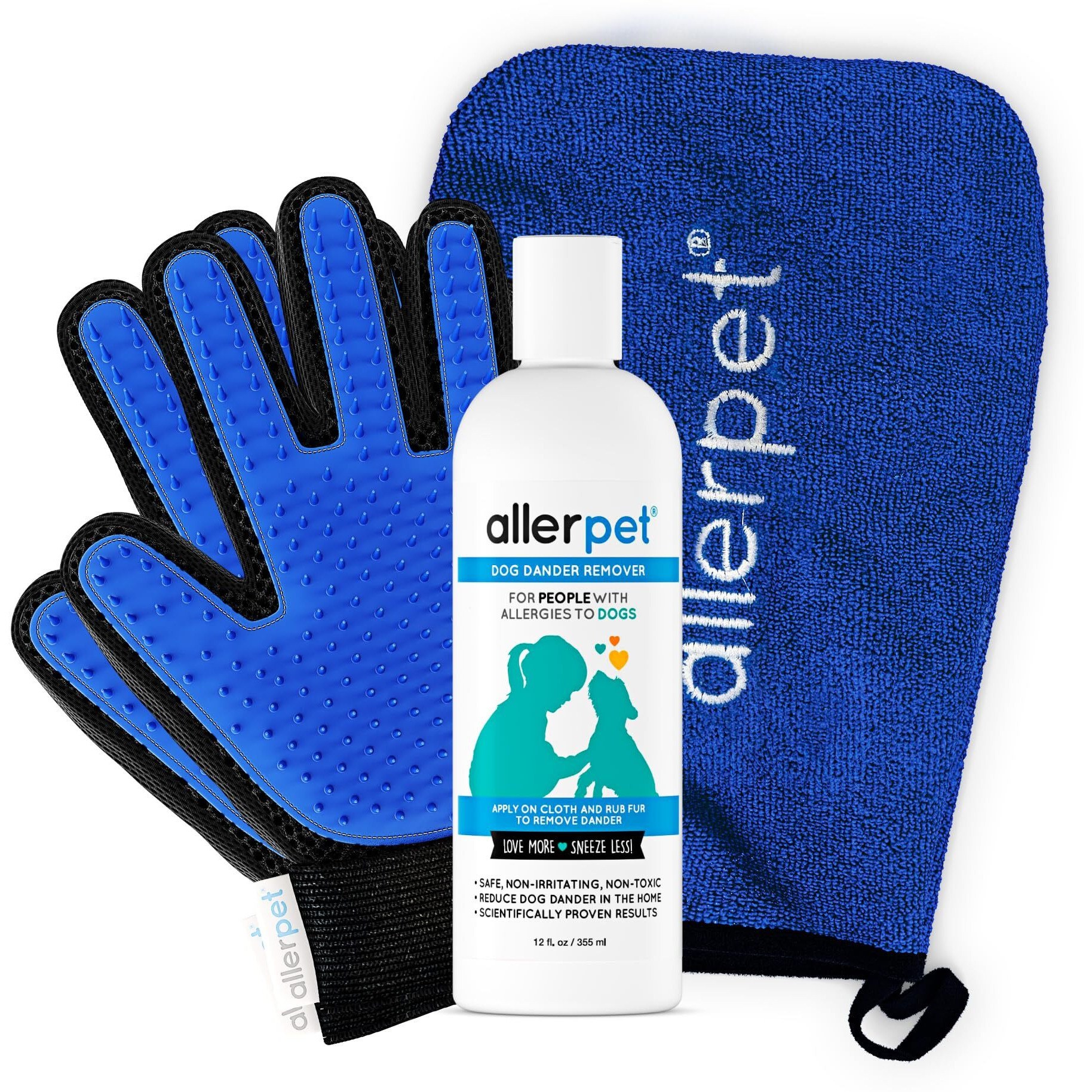 Allerpet Dog Dander Remover W/Free Pair Of Grooming Gloves - Best Pet Dander Remover For Allergens - For Canine Dry Skin Treatment - Good For Fur & Skin - (12Oz)