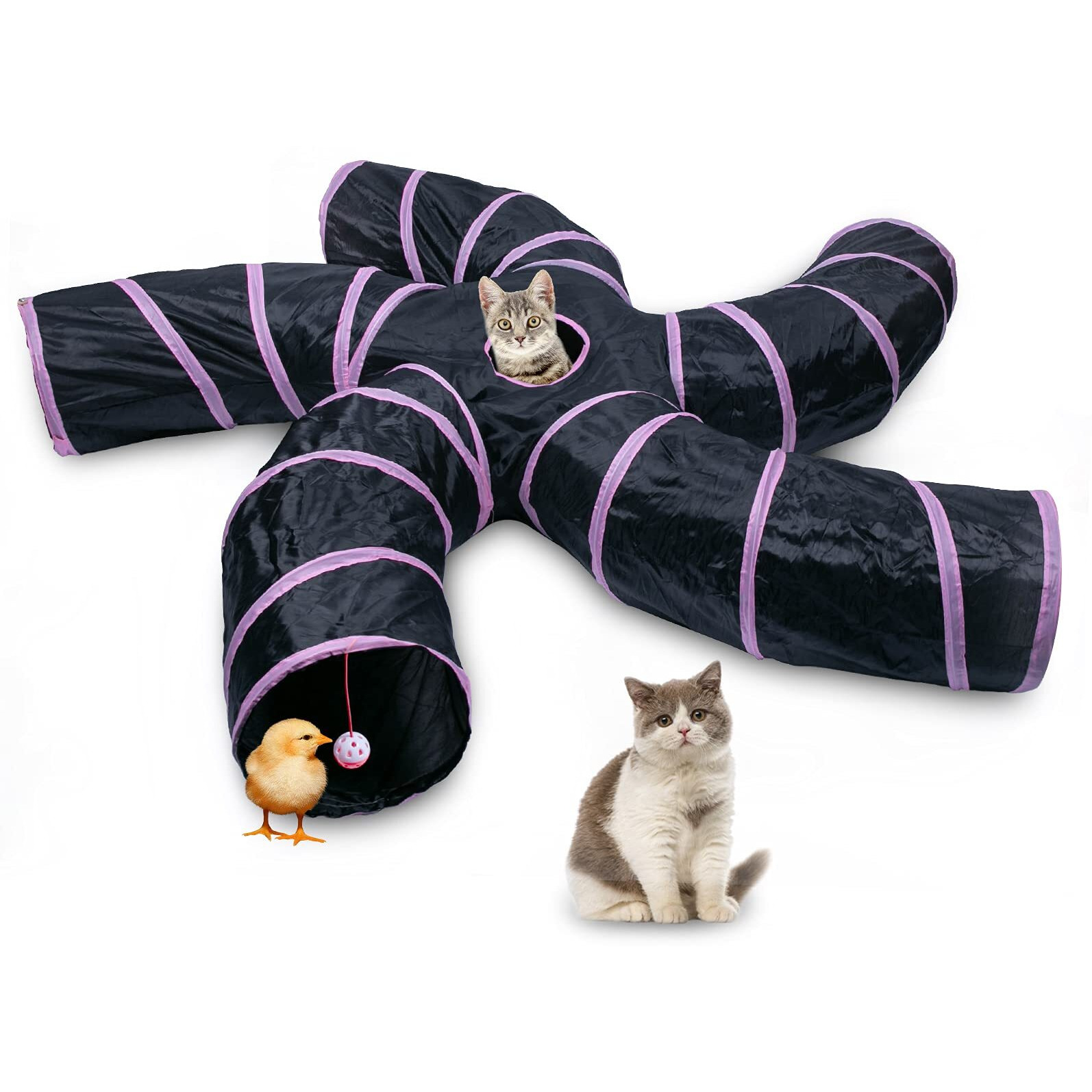 Egetota Cat Tunnel For Indoor Cats Large, With Play Ball S-Shape 5 Way Collapsible Interactive Peek Hole Pet Tube Toys, Puppy, Kitty, Kitten, Rabbit (Pink & Black)