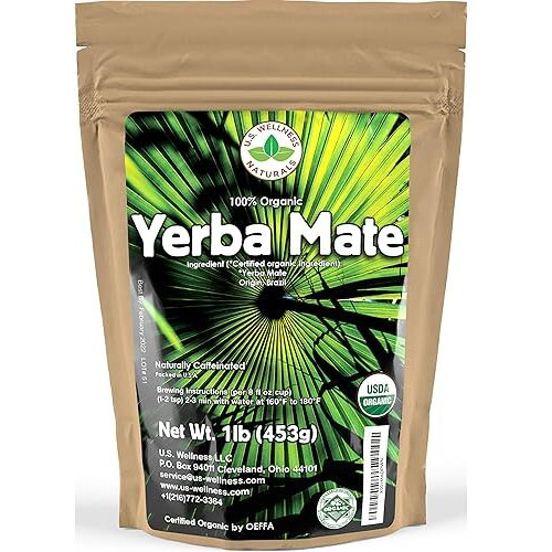 Yerba Mate Tea 1Lb (16Oz) Hi-Caffeine 100% Certified Organic Super-Green Yerba Mate | No Dust | Fresh - Never Aged (Ilex Paraguariensis) | Brazilian Rain Forest Grown From U.S. Wellness Naturals