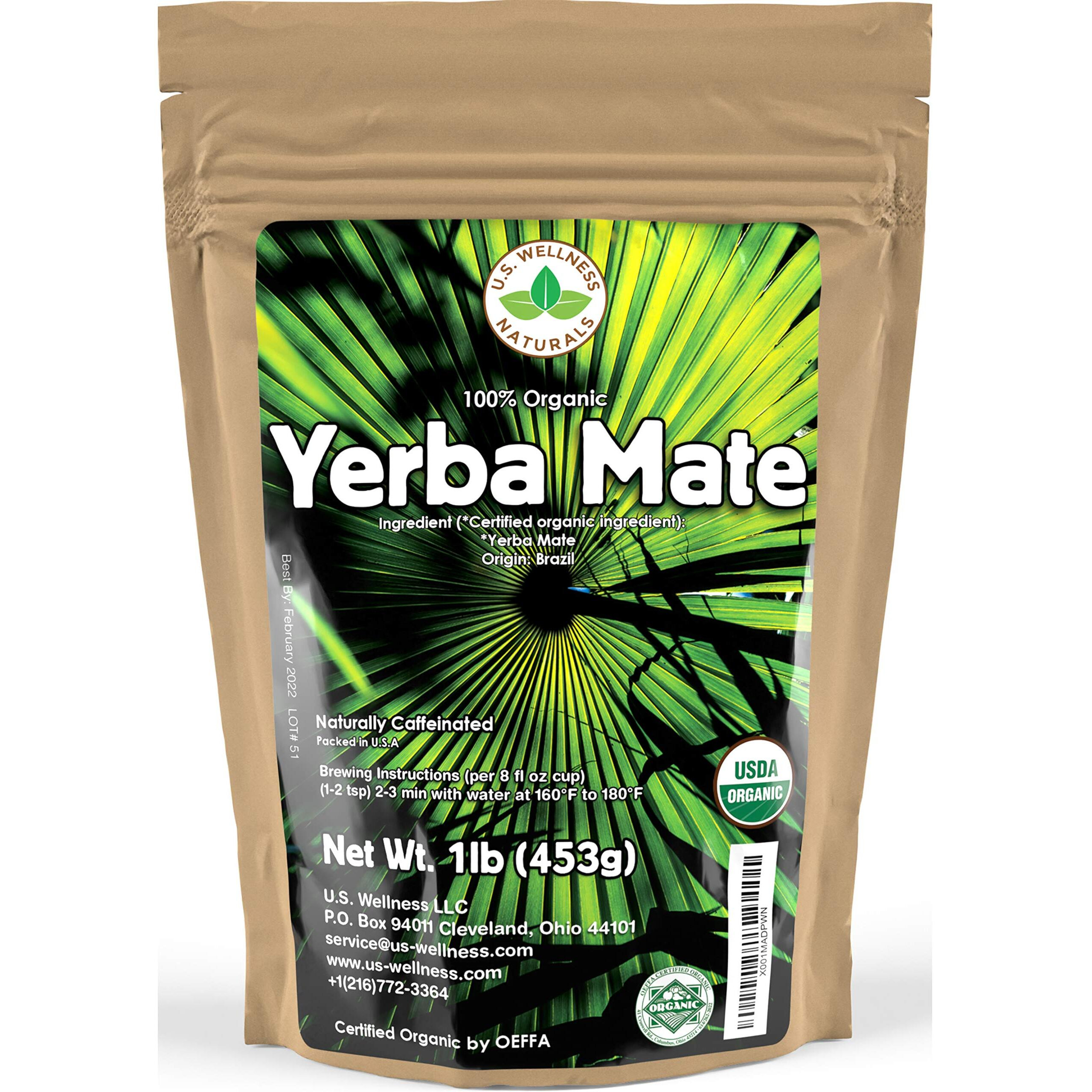 Yerba Mate Tea 1Lb (16Oz) Hi-Caffeine 100% Certified Organic Super-Green Yerba Mate | No Dust | Fresh - Never Aged (Ilex Paraguariensis) | Brazilian Rain Forest Grown From U.S. Wellness Naturals