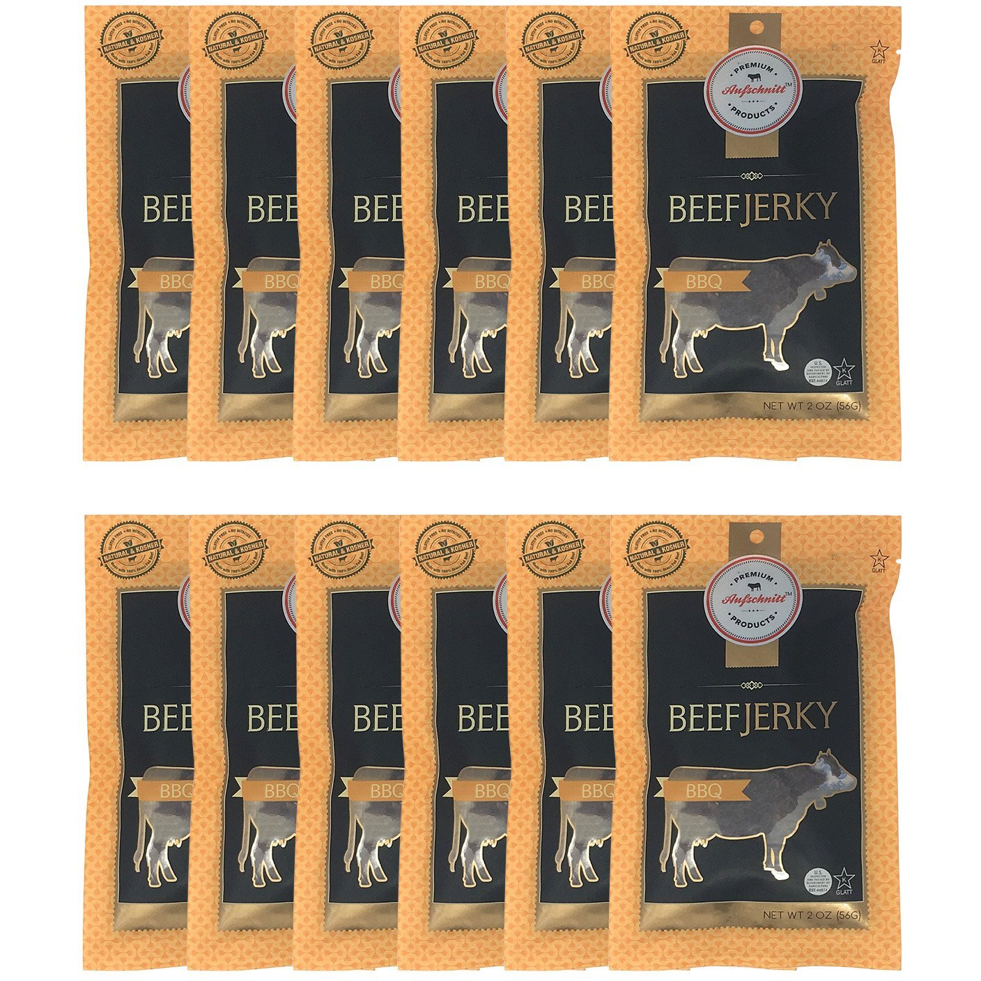 Aufschnitt Beef Jerky - Barbecue - 12 Pack (2 Oz Each) - Kosher, Glatt, Star-K Certification, Gluten Free, All Natural, No Nitrites, Grass Fed Beef