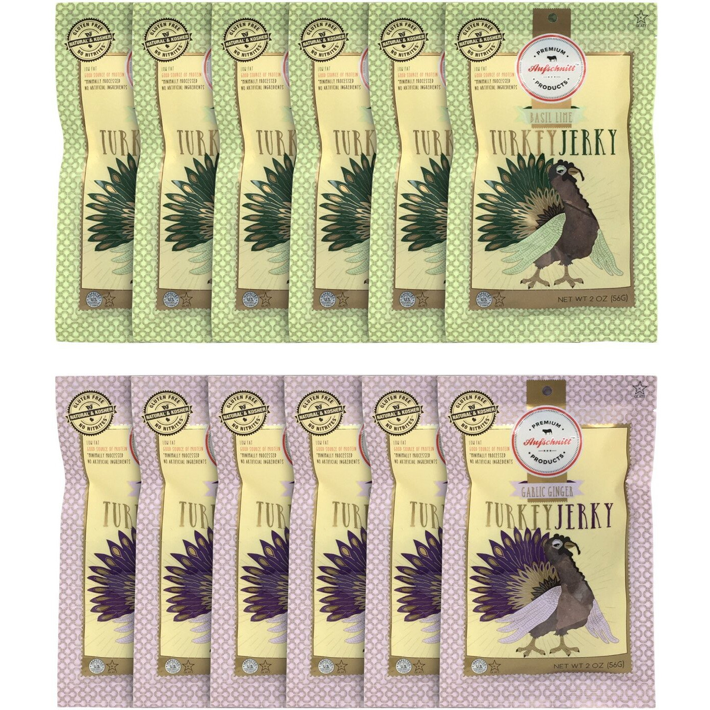 Aufschnitt Turkey Jerky For People - Certified Kosher, Gluten Free, No Nitrites, Paleo Snack - Variety12 Pack, 2 Oz Each - Ginger Garlic And Basil Lime
