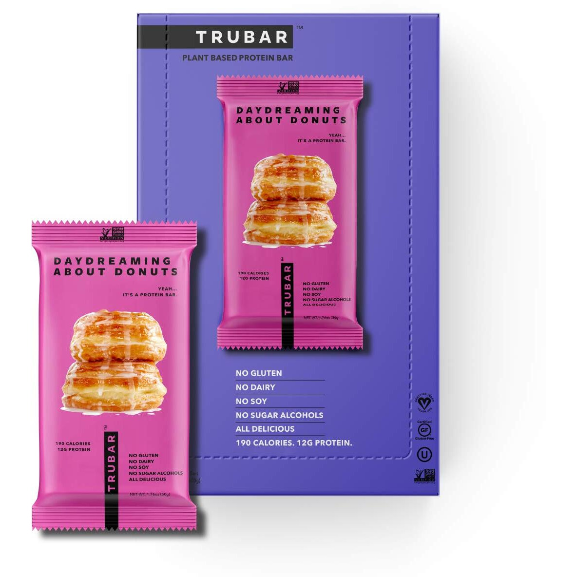 Truwomen Trubar Plant Fueled Protein Bars Daydreaming About Donuts (12 Count)  Non-Gmo Vegan Gluten Free Kosher Soy Free Dairy Free No Sugar Alcohols Low Sodium Natural Ingredients  12G Protein