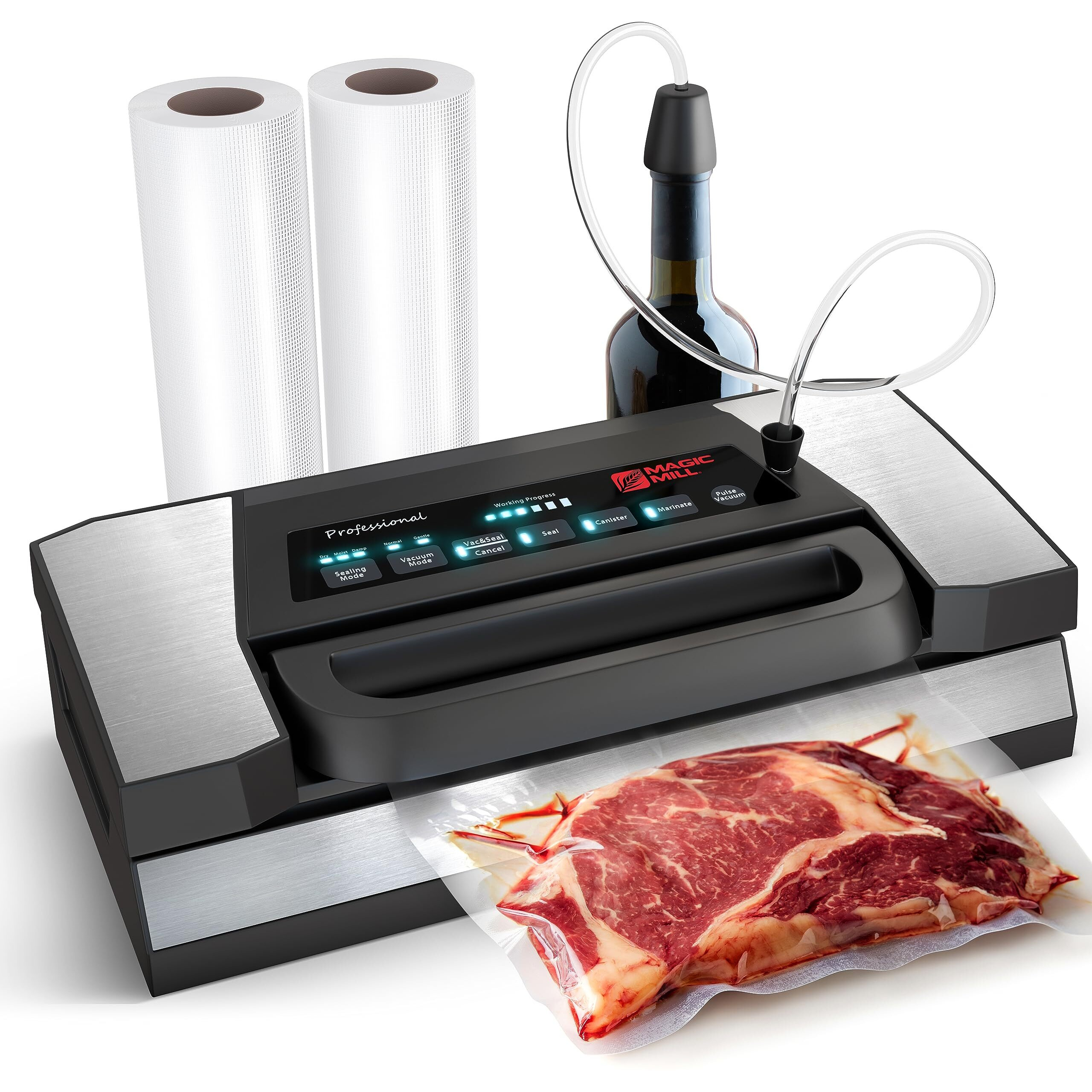 Magic Mill Professional Vacuum Sealer Machine Pro With New Patent Handle Mvs-5181 For Food Bags, Marinate Bowls, And Meal Packing Cannister | Vacuum Sealer With Cutter And Jar Attachment | Manual And Automatic Bag Sealer With 2 Pressure Settings