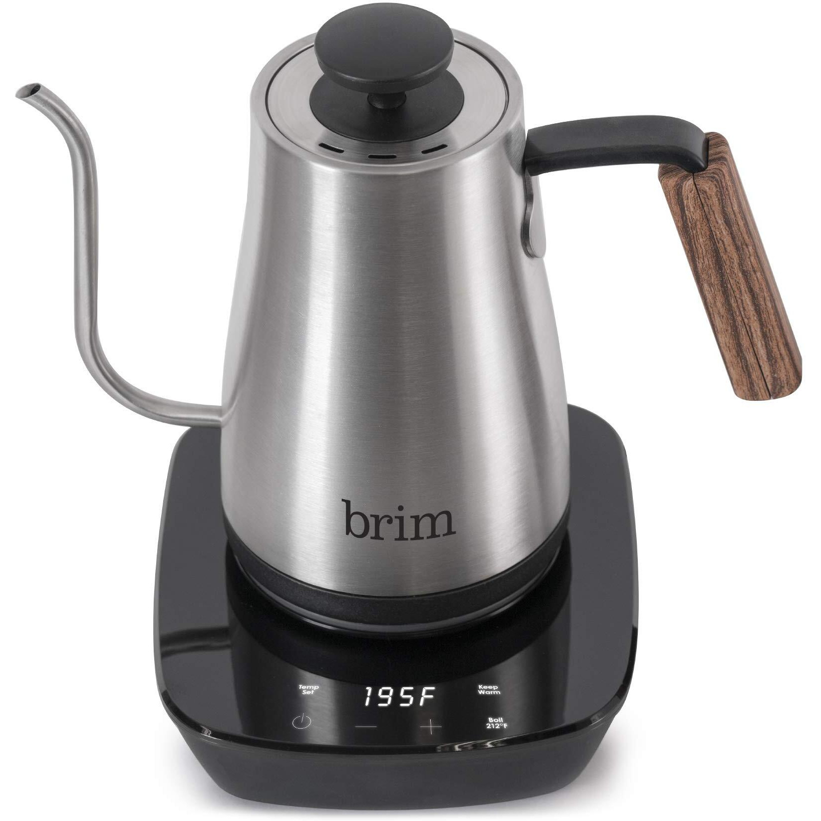 Brim 08L Gooseneck Kettle W Wood Handle, Easy Brewing Pour Over Coffee, Tea Or Hot Beverages, 6 Variable Temperature Presets, Capacitive Smart Touch Interface, Cordless Power Base, Stainless Steel