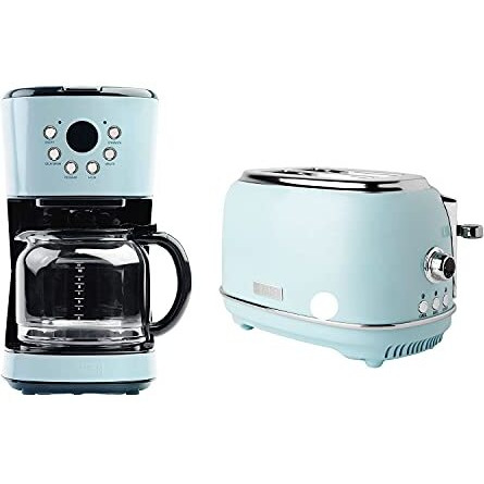 Haden Heritage 12 Cup Programmable Vintage Retro Home Coffee Maker Machine With Heritage 2 Slice Wide Slot Stainless Steel Bread Toaster, Turquoise