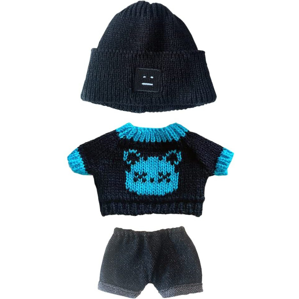 Niannyyhouse 20Cm Plush Doll Clothes Hat Kitten Sweater Flanging Jeans Kpop Doll Clothing (Black+Blue)