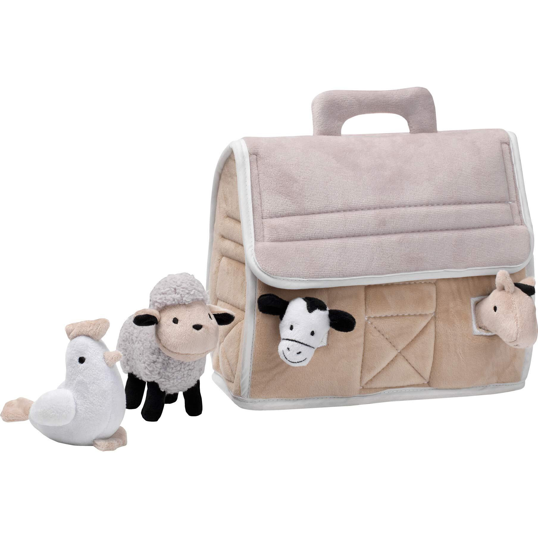 Lambs & Ivy Baby Farm Plush Barn With 4 Stuffed Animals Toy - Taupegraywhite