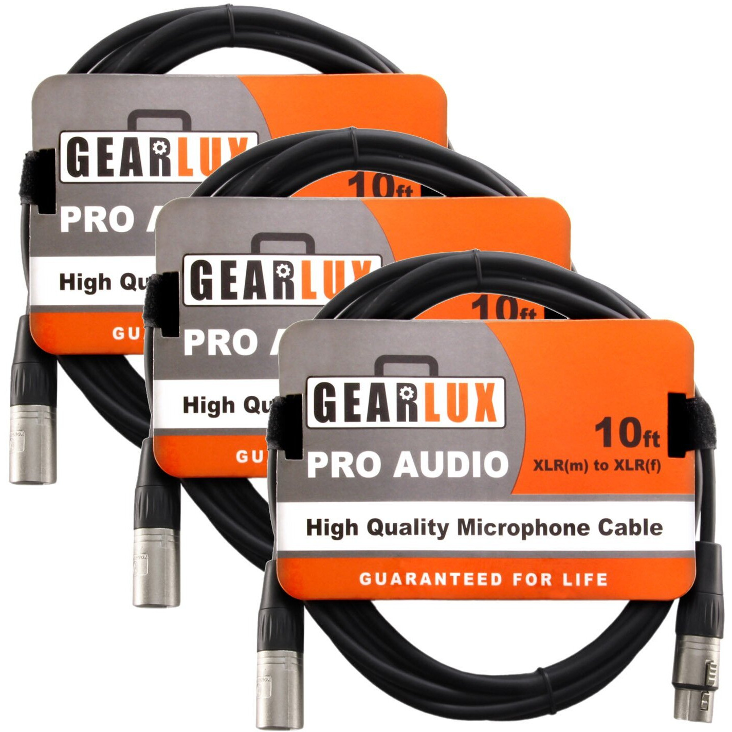 Gearlux Xlr Microphone Cable, Fully Balanced, Male To Female, Black, 10 Feet - 3 Pack