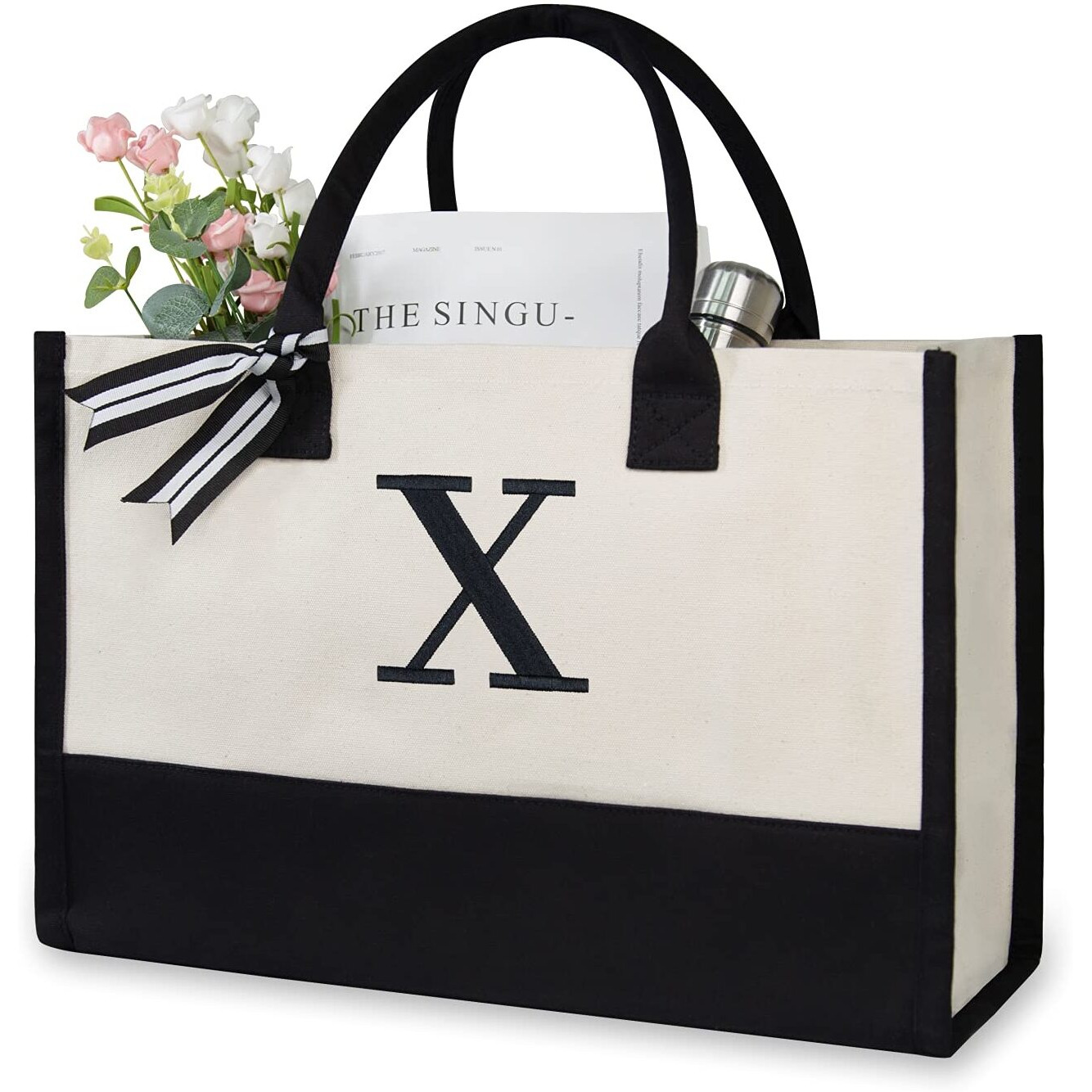 Topdesign Embroidery Initial Canvas Tote Bag, Personalized Present Bag, Suitable For Wedding, Birthday, Beach, Holiday, Is A Great Gift For Women, Mom, Teachers, Friends, Bridesmaids (Letter X)