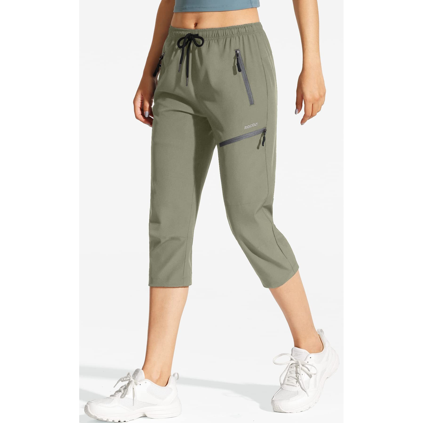 Mocoly Women's Hiking Capris Pants Outdoor Lightweight Quick Dry Water Resistant Upf 50 Cargo Pants With Zipper Pockets Green S
