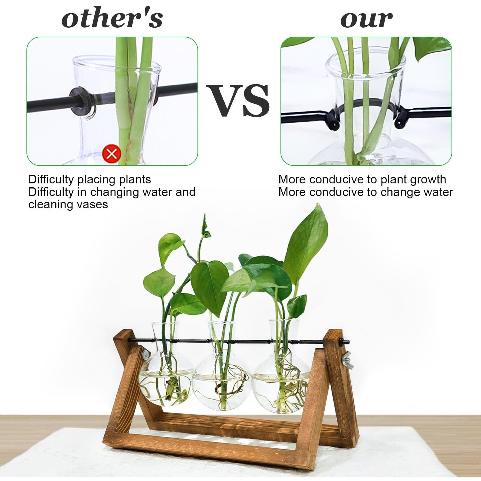 Renmxj Plant Propagation Station, Plant Terrarium With Wooden Stand, Unique Gardening Birthday Gifts For Women Plant Lovers, Home Office Garden Decor Planter - 3 Bulb Glass Vases