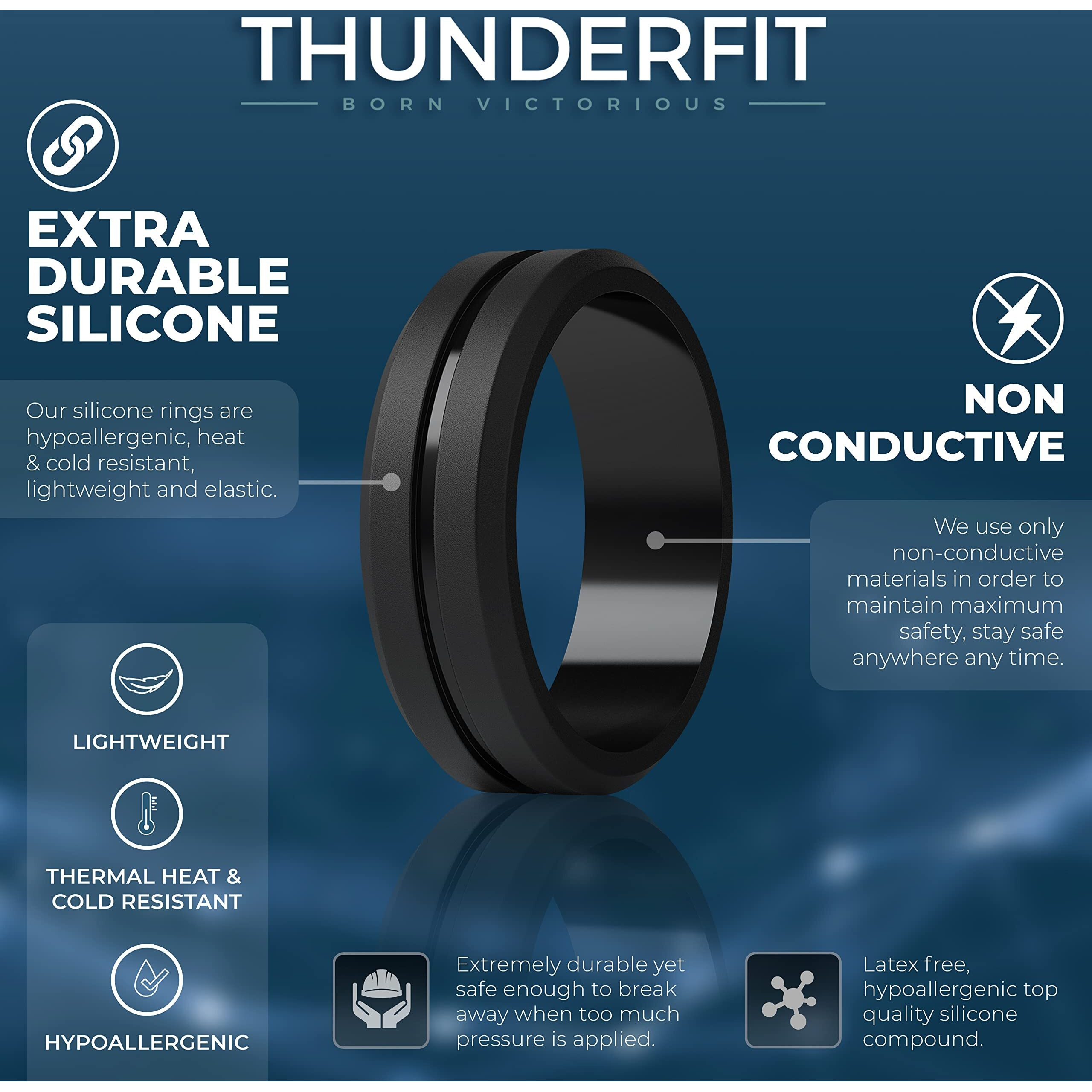 Thunderfit Silicone Wedding Rings For Men, Brushed Top Middle Engraved Line Rubber Engagement Bands 8.2Mm Wide 2.5Mm Thick - 1/4/6/7 Variety Multipack (Pack K - Size 9.5-10 (19.80Mm))
