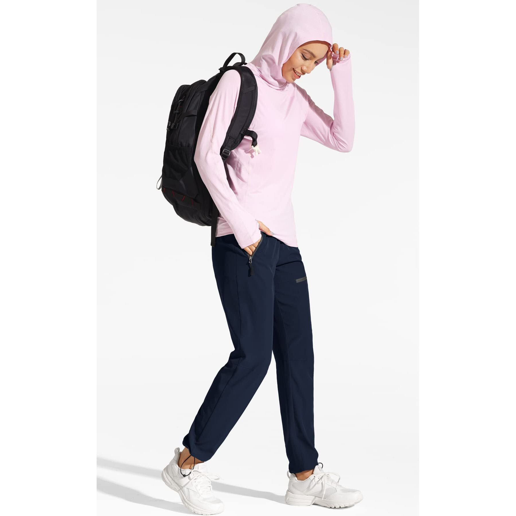 Mocoly Women's Cargo Hiking Pants Elastic Waist Quick Dry Lightweight Outdoor Water Resistant Long Pants Upf 50+ Navy Blue M