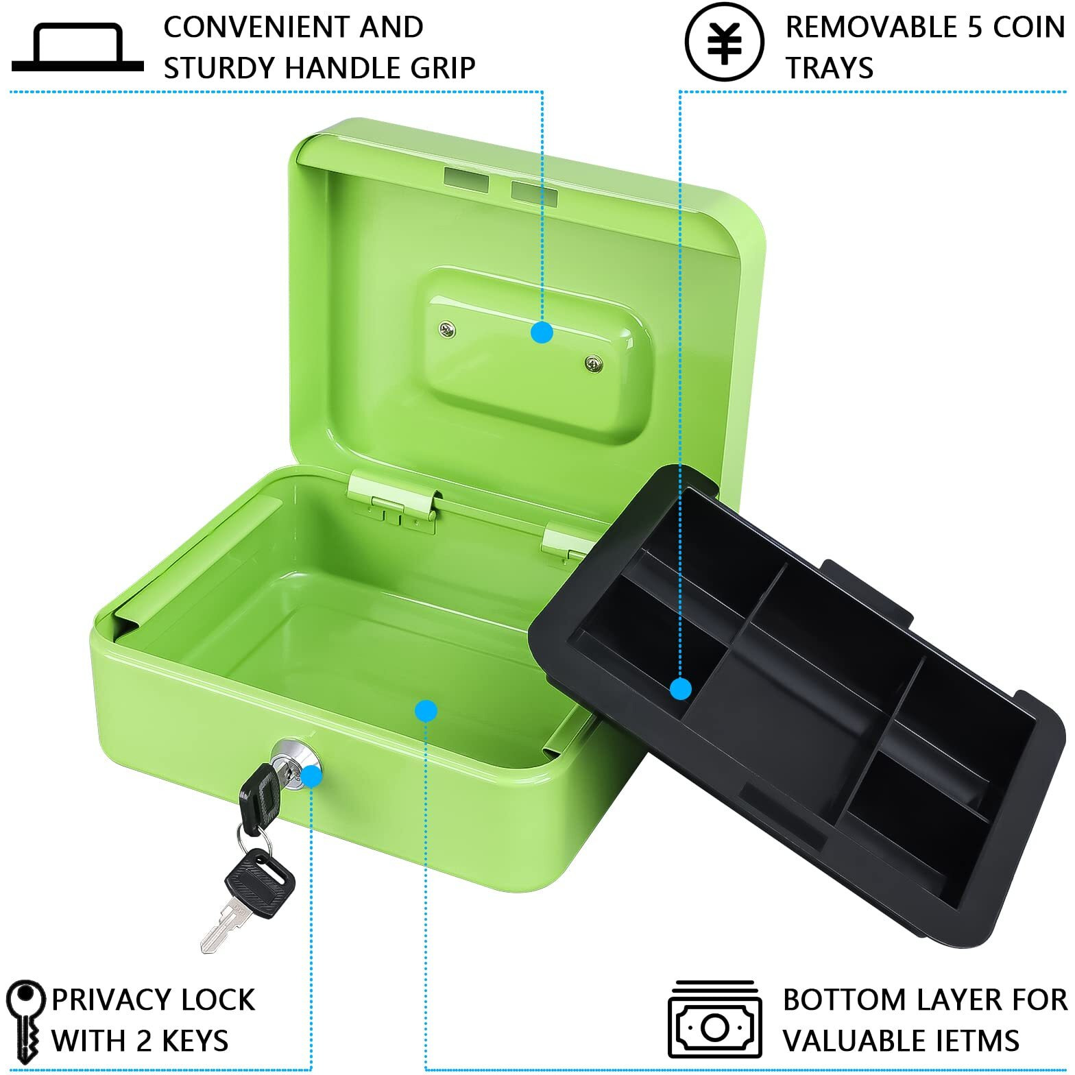 Kyodoled Medium Cash Box With Money Tray,Small Safe Lock Box With Key,Cash Drawer,7.87&quotX 6.30&quotX 3.54" Limegreen Medium