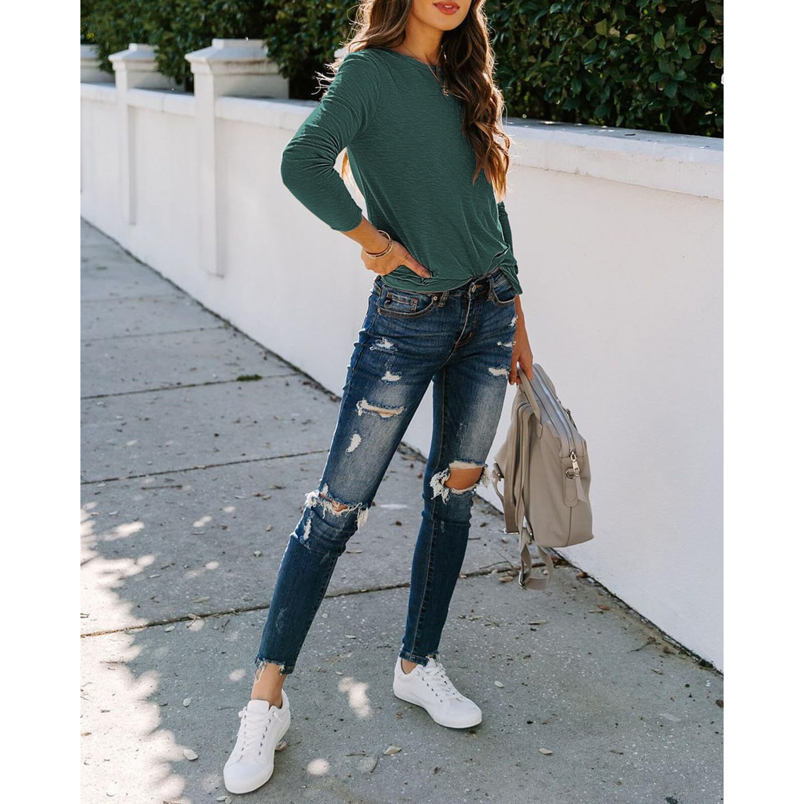 Sherosa Womens Shirts Long Sleeve Crew Neckline Comfy Breathable Cotton Tops Tees Dark Green,S