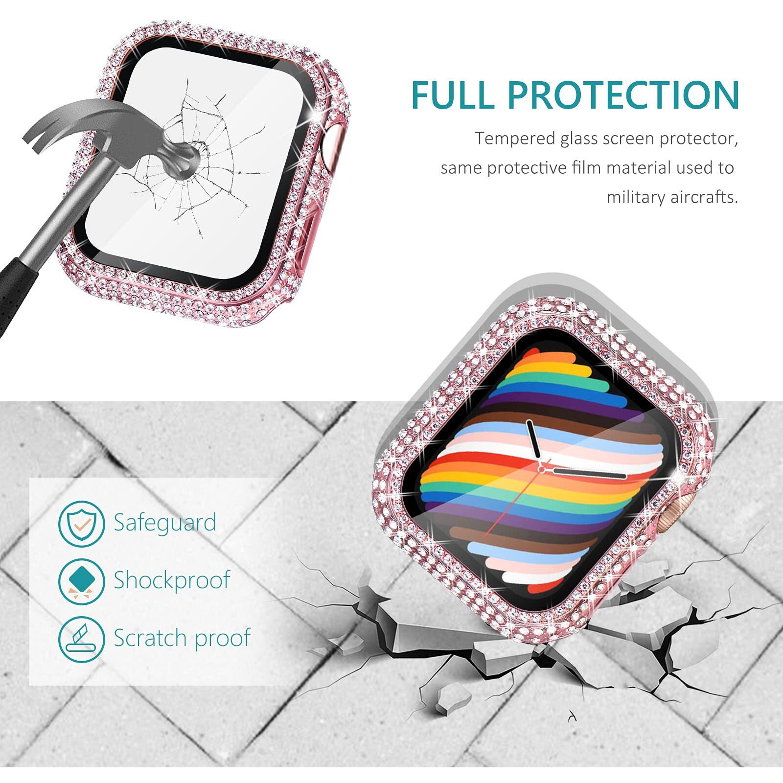 Surace Compatible With Apple Watch Case 44Mm With Screen Protector For Apple Watch Series 6/5/4/3/2/1, Bling Case 300 Crystal Diamond Tempered Glass Protective Cover For 38Mm 40Mm 42Mm 44Mm, Pink