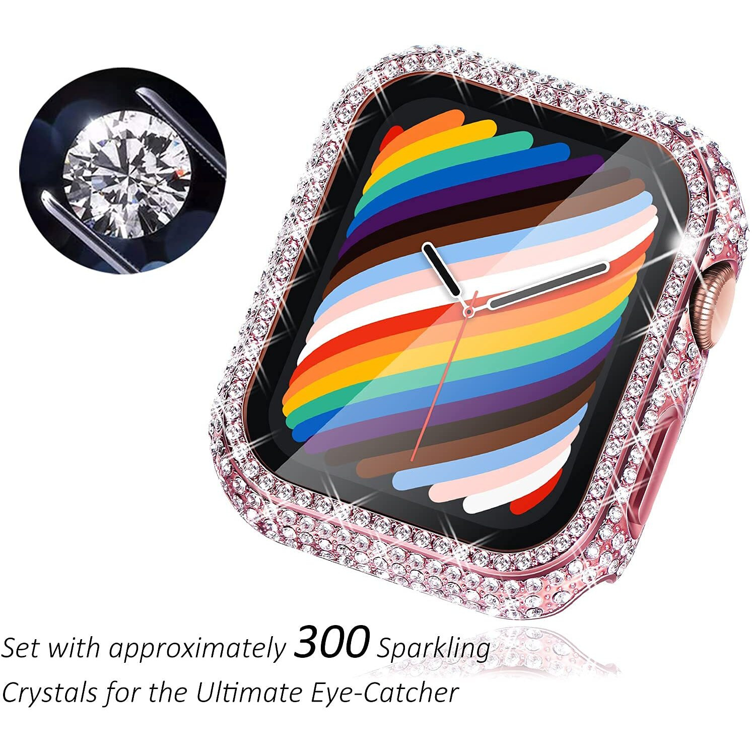 Surace Compatible With Apple Watch Case 44Mm With Screen Protector For Apple Watch Series 6/5/4/3/2/1, Bling Case 300 Crystal Diamond Tempered Glass Protective Cover For 38Mm 40Mm 42Mm 44Mm, Pink