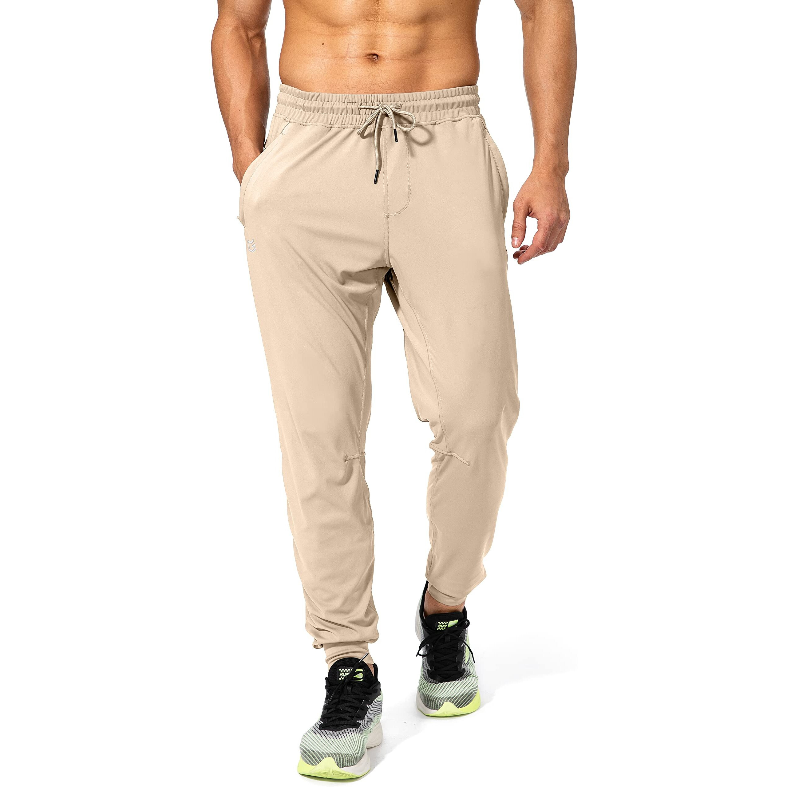 G Gradual Men's Sweatpants With Zipper Pockets Athletic Pants Traning Track Pants Joggers For Men Soccer, Running, Workout (Light Khaki, Large)